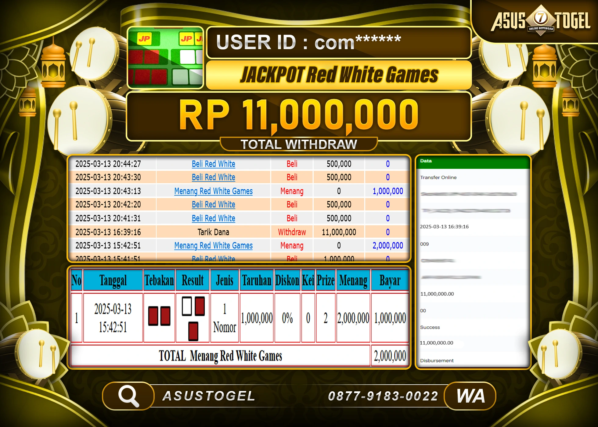 ASUSTOGEL KEMENANGAN DI RED WHITE GAMES  SEBESAR 11,000,000- RUPIAH LUNAS
