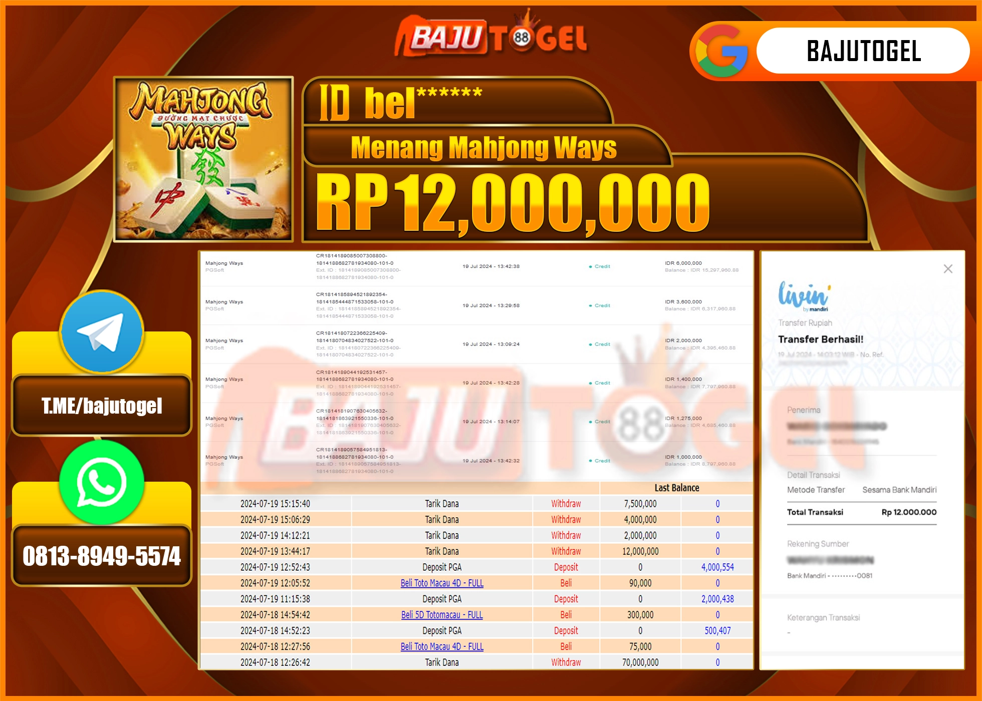 BAJUTOGEL JACKPOT SLOT MAHJONG WAYS Rp.12.000.000 LUNAS
