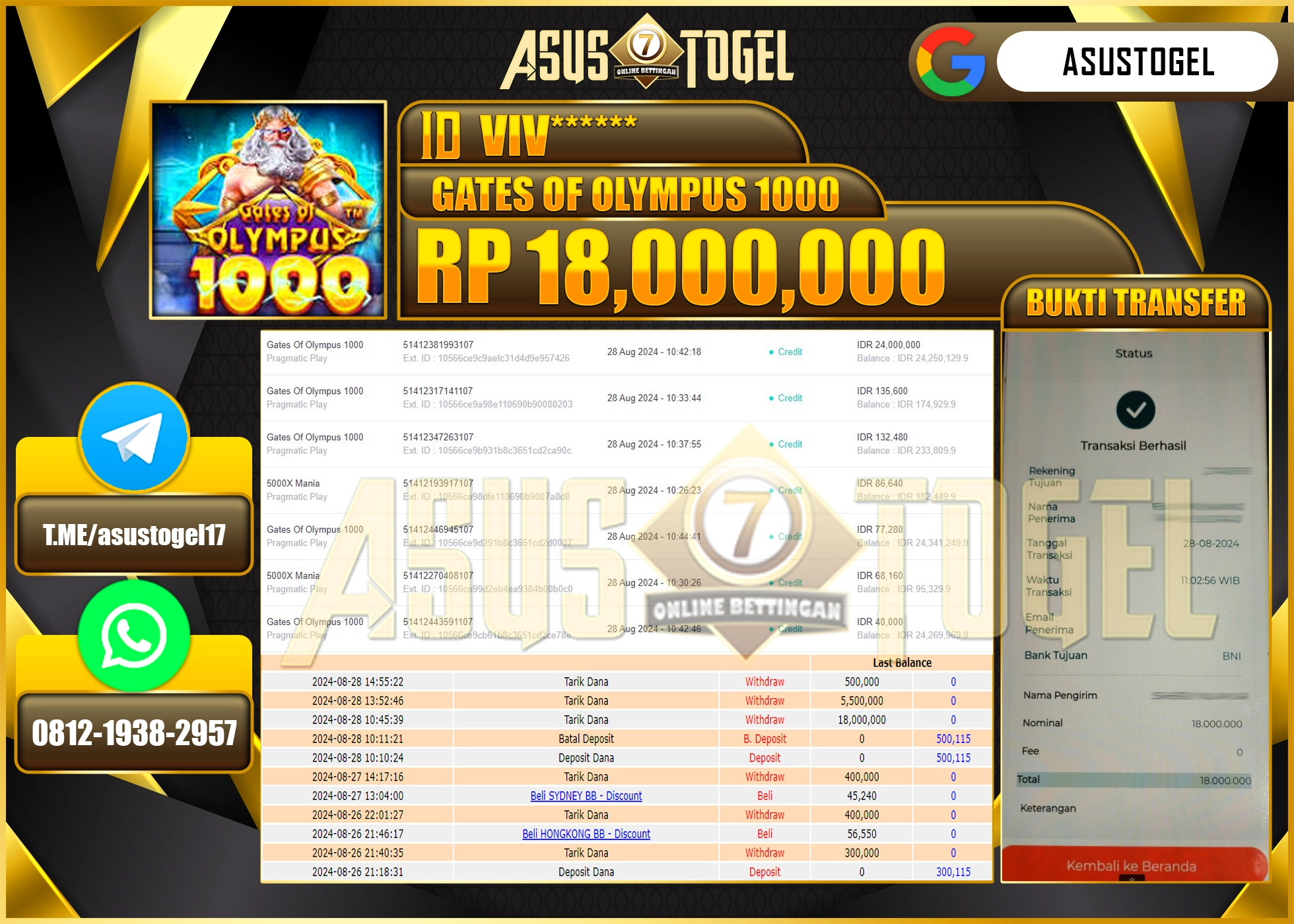 ASUSTOGEL KEMENANGAN DI GATES OF OLYMPUS 1000 SEBESAR 18,000,000- RUPIAH LUNAS