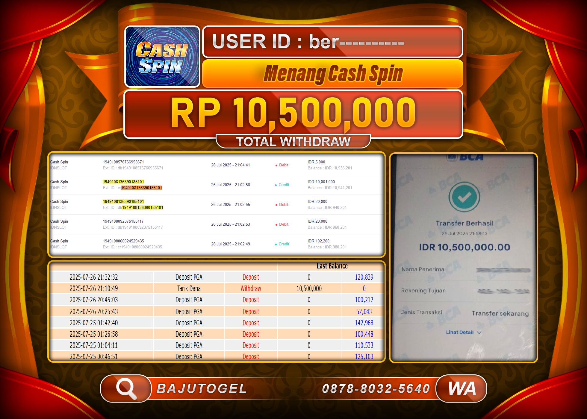 BAJUTOGEL KEMENANGAN DI GAME SLOT CASH SPIN Rp.10.500.000 LUNAS