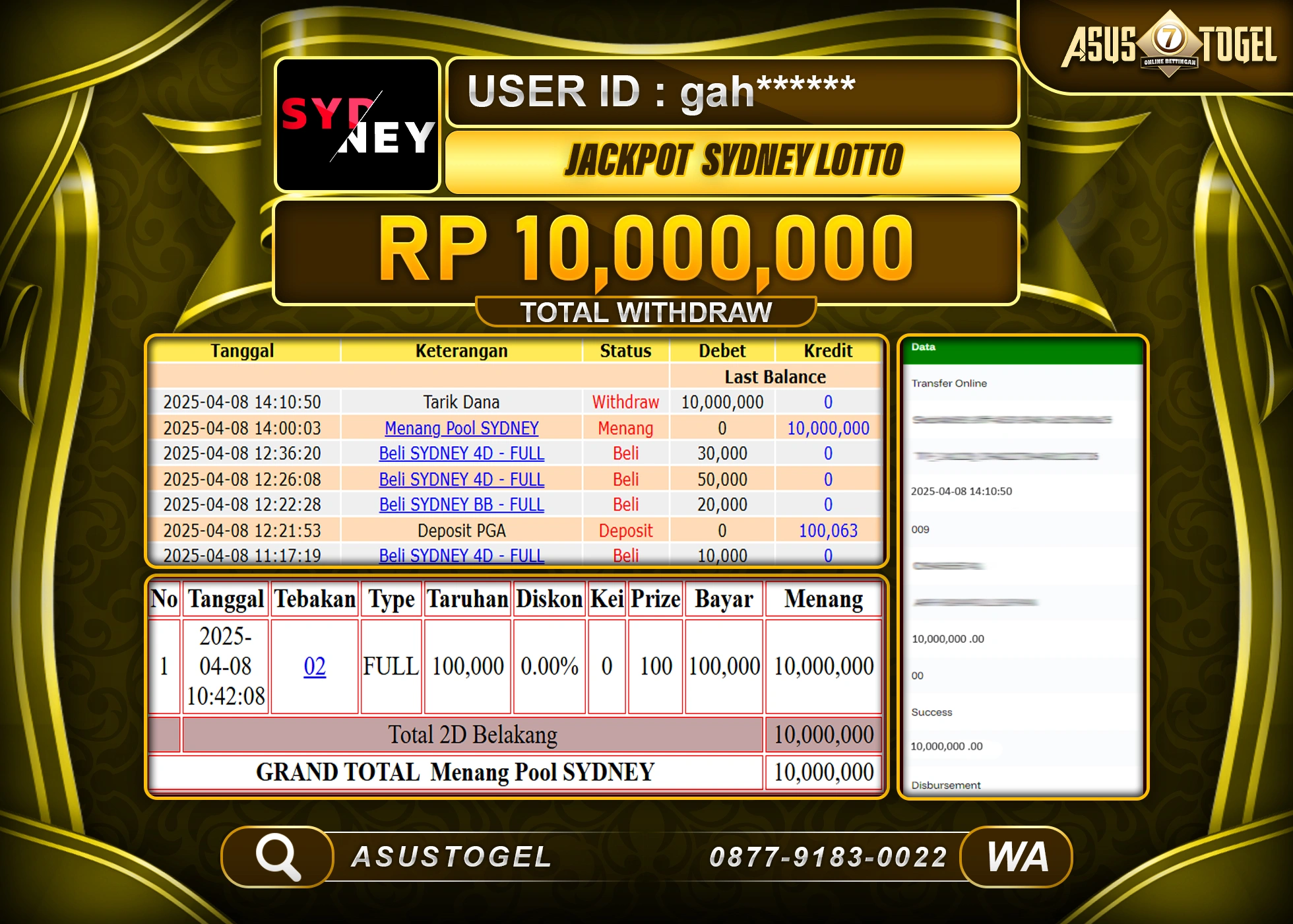 ASUSTOGEL KEMENANGAN DI TOGEL SYDNEY LOTTO SEBESAR 10,000,000- RUPIAH LUNAS