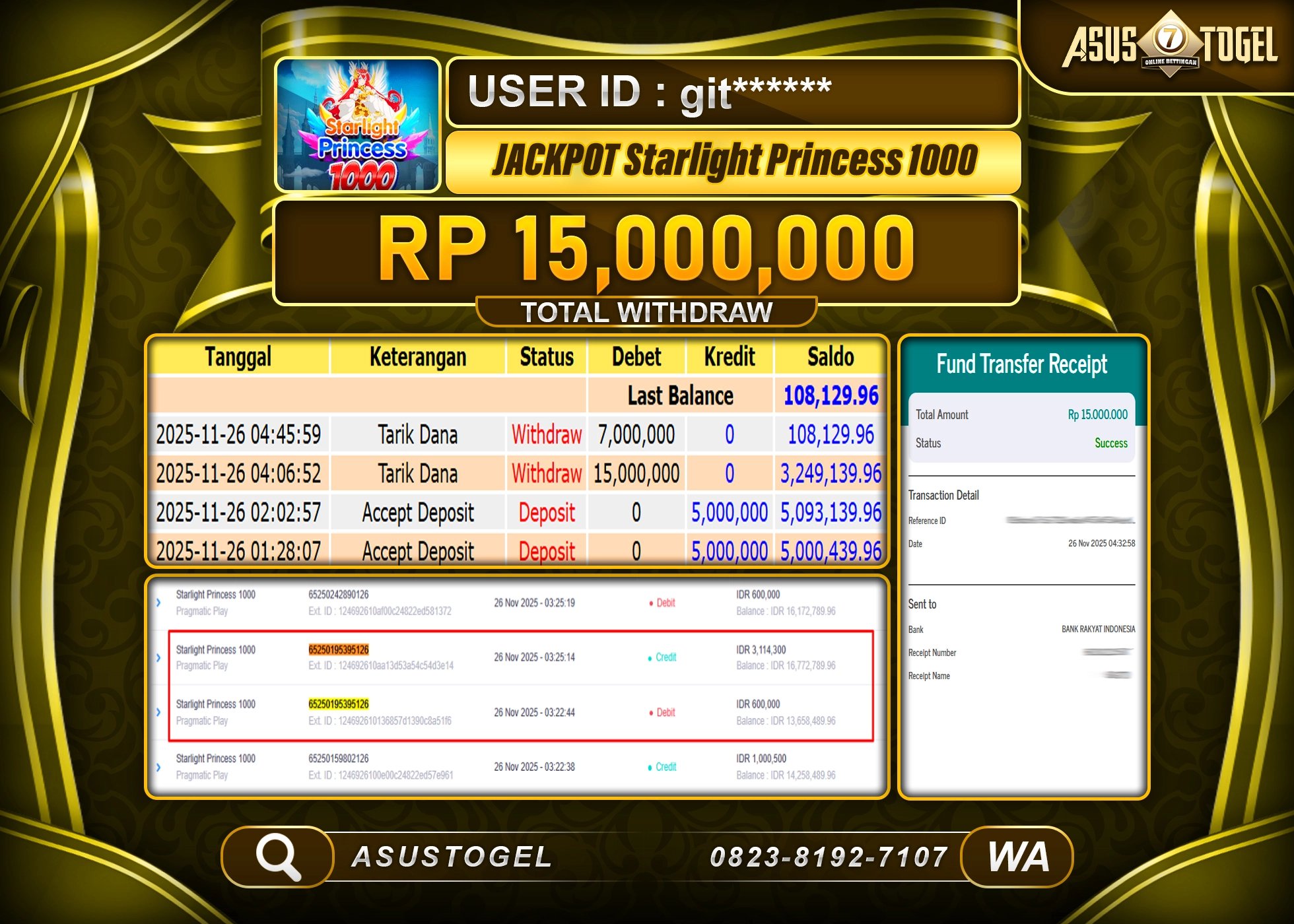 ASUSTOGEL KEMENANGAN DI SLOT STARLIGHT PRINCESS 1000 SEBESAR 15,000,000 - RUPIAH LUNAS