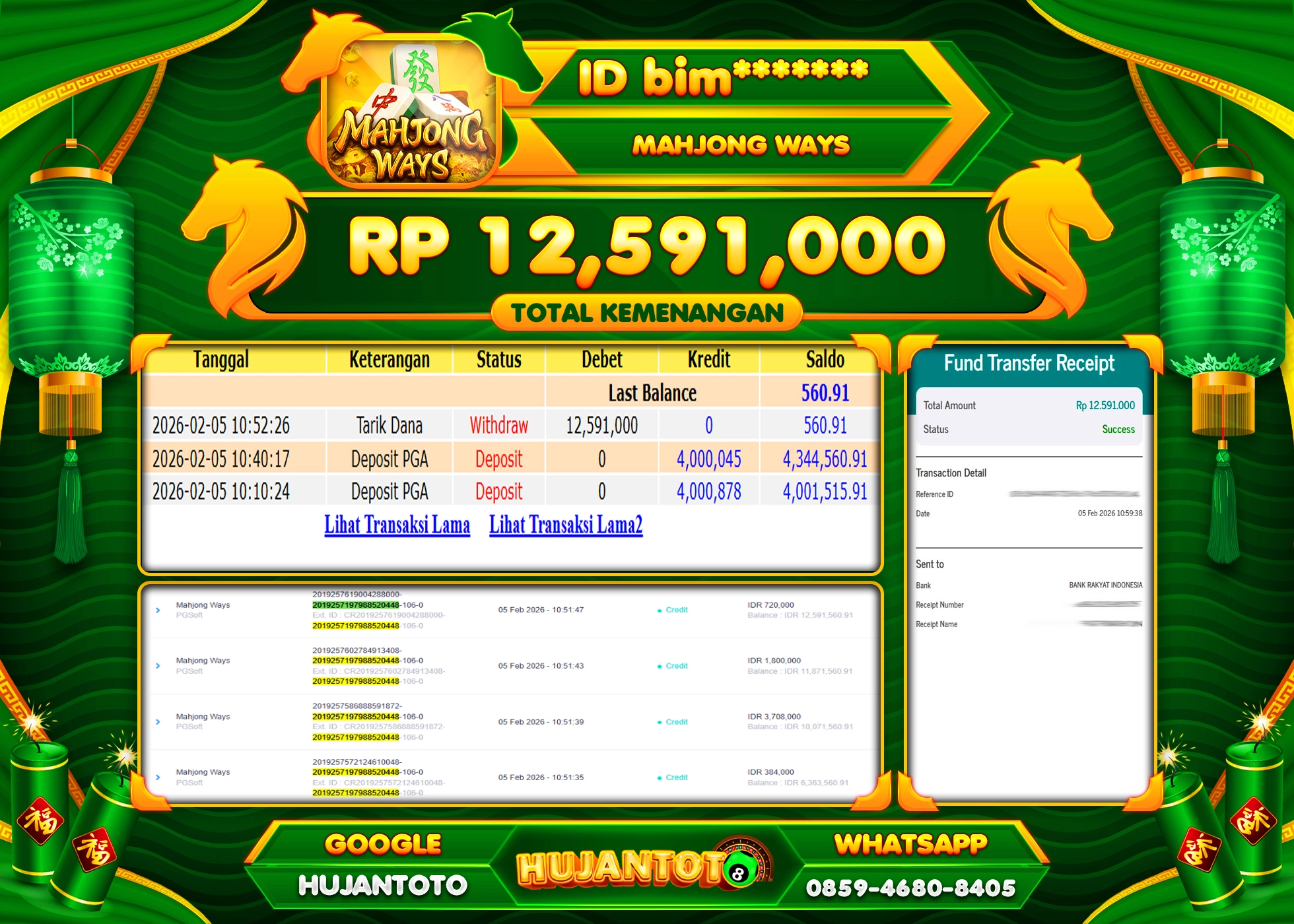 HUJANTOTO - BUKTI JACKPOT MENANG SLOT MAHJONG WAYS  Rp.12,591,000 - TERBAYAR LUNAS