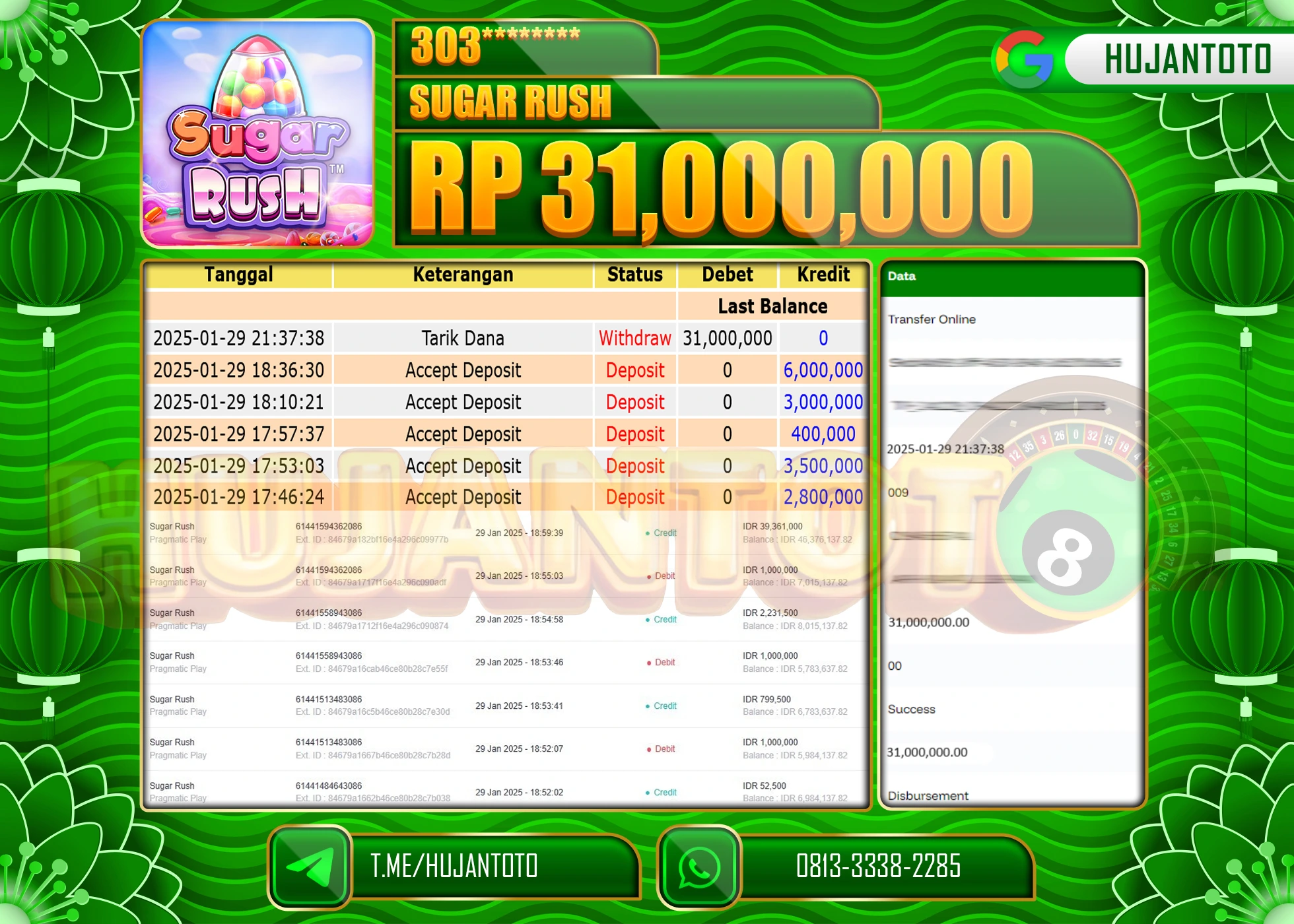 HUJANTOTO - BUKTI JACKPOT MENANG SLOT SUGAR RUSH Rp,31,000,000  - TERBAYAR LUNAS