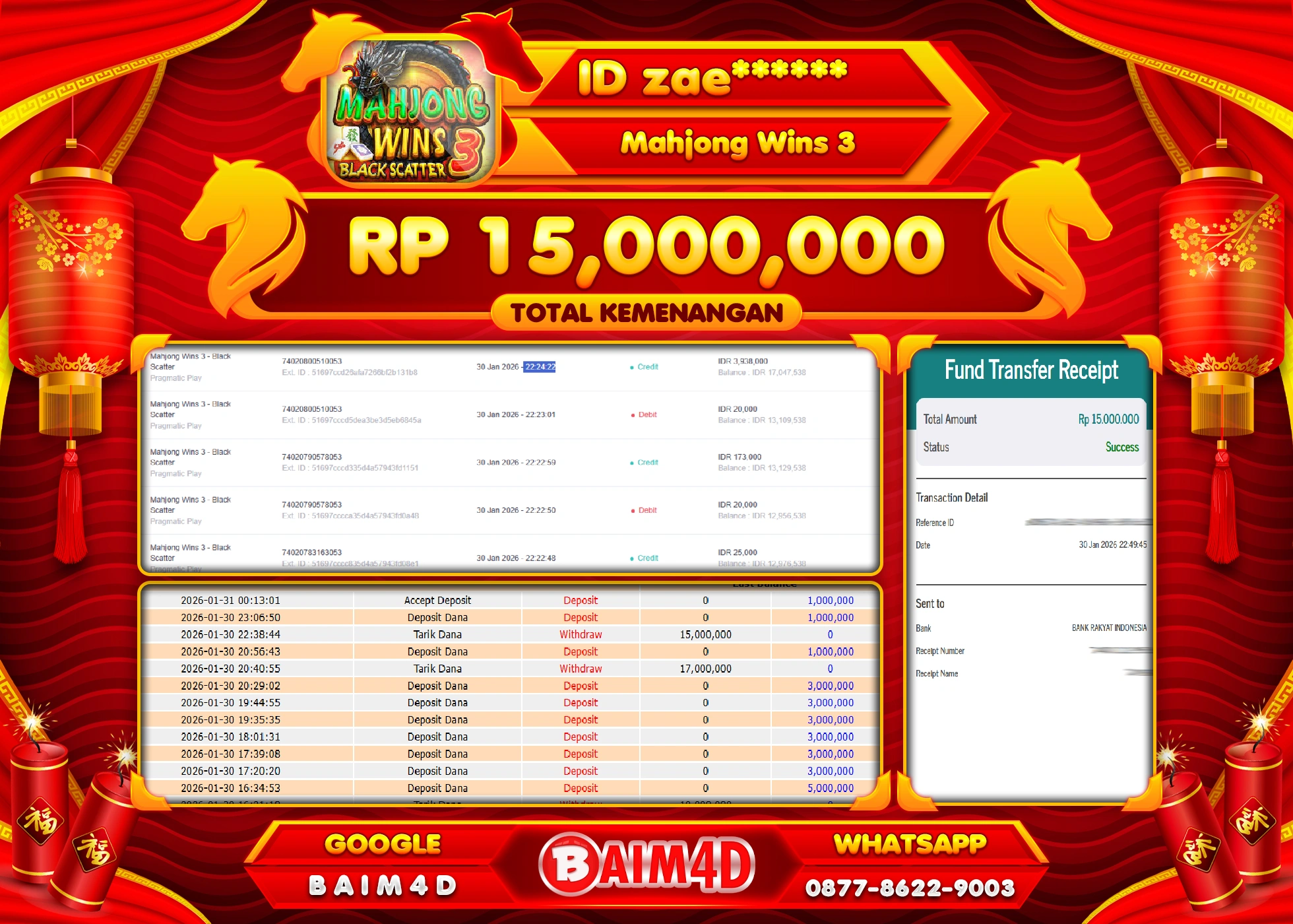 BAIM4D JACKPOT  SLOT MAHJONG WINS 3 Rp.15,000,000 - LUNAS