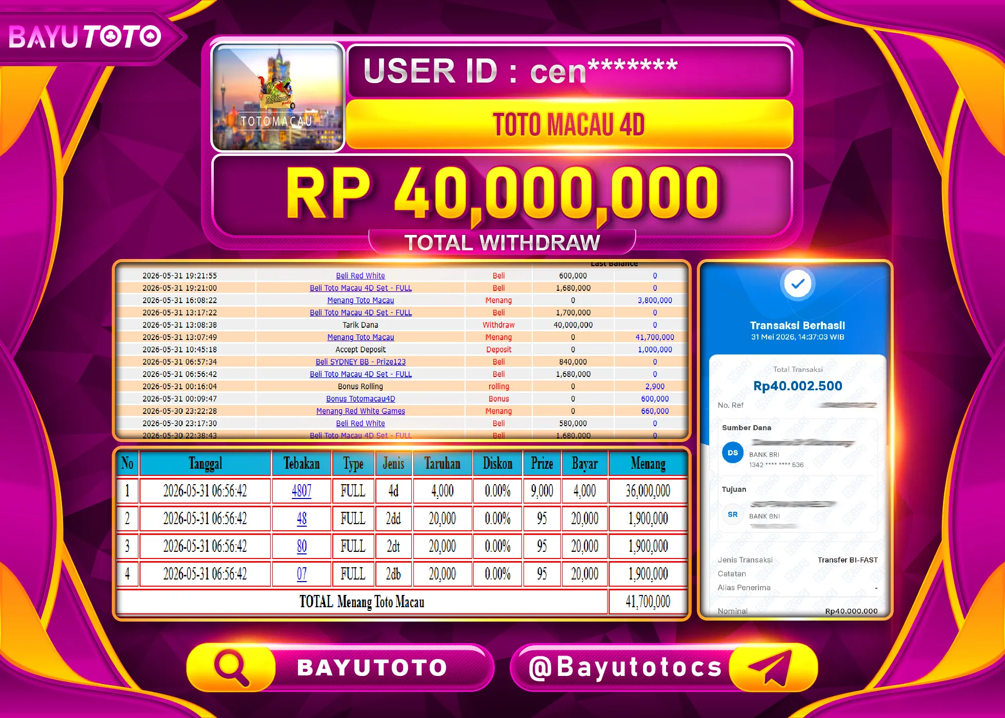SELAMAT MEMBER SETIA BAYUTOTO JACKPOT DI TOGEL TOTO MACAU 4D Rp. 40,000,000 LUNAS