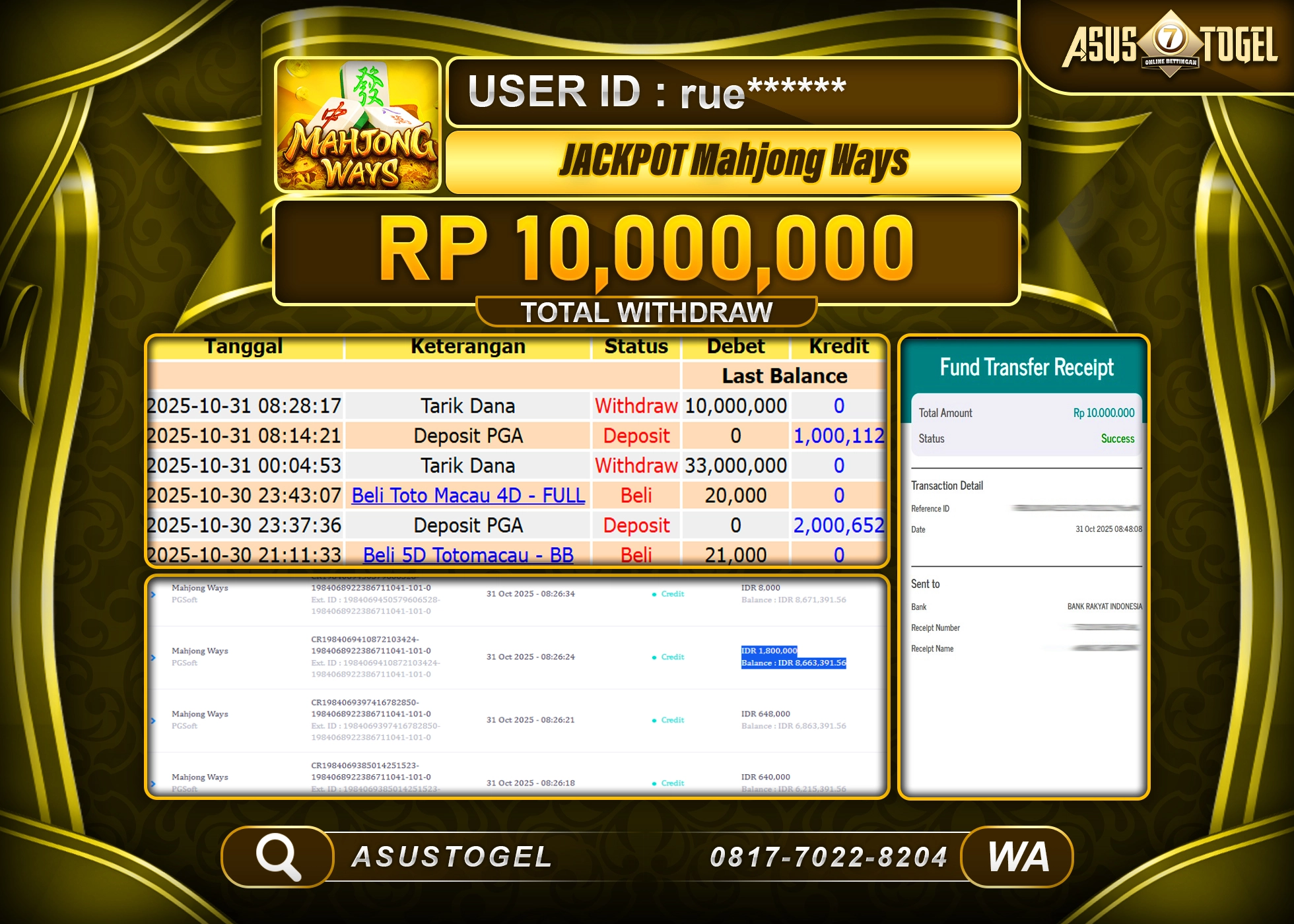 ASUSTOGEL KEMENANGAN DI SLOT MAHJONG WAYS SEBESAR 10,000,000 - RUPIAH LUNAS