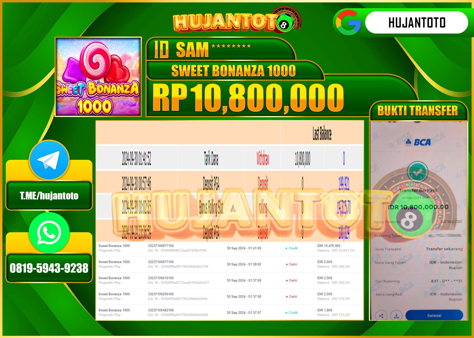 HUJANTOTO MENANG BESAR DI PERMAINAN SWEET BONANZA 1000 - 10.800,000 - LUNAS 