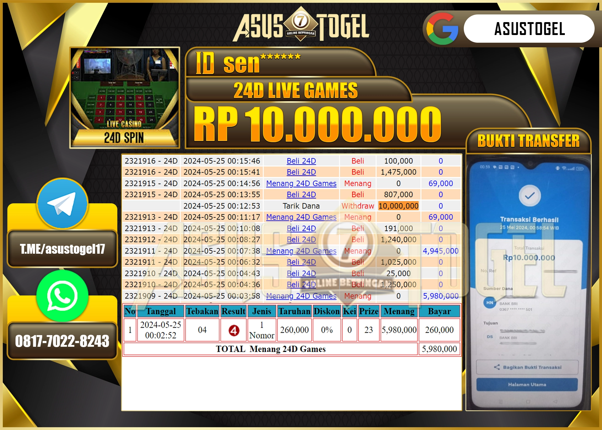 ASUSTOGEL KEMENANGAN 24D LIVE GAME 10,000,000-LUNAS