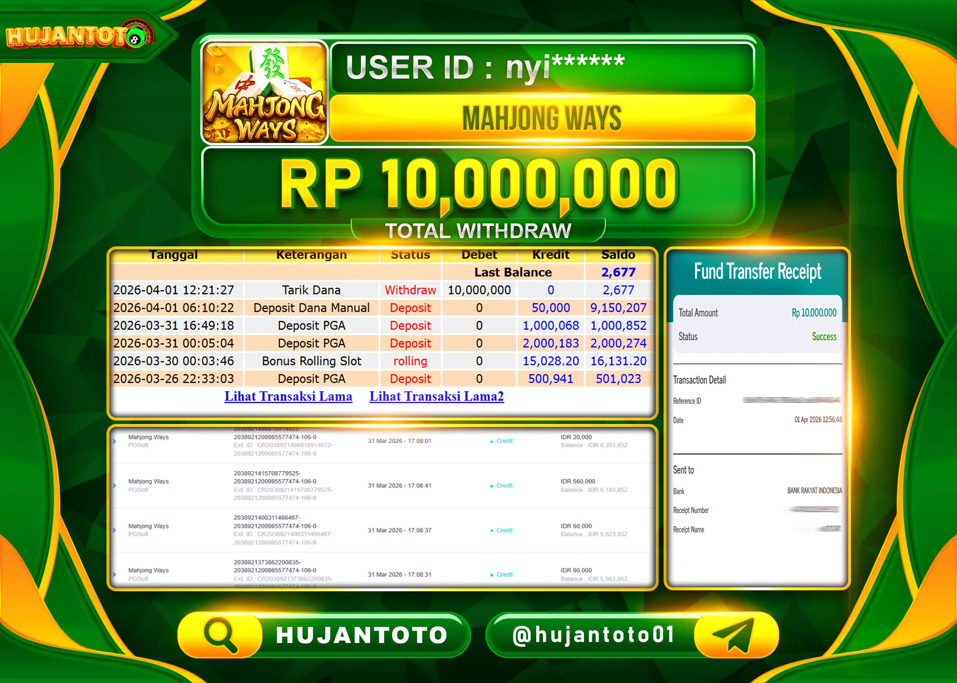 HUJANTOTO - BUKTI JACKPOT MENANG SLOT MAHJONG WAYS Rp.10,000,000 - TERBAYAR LUNAS