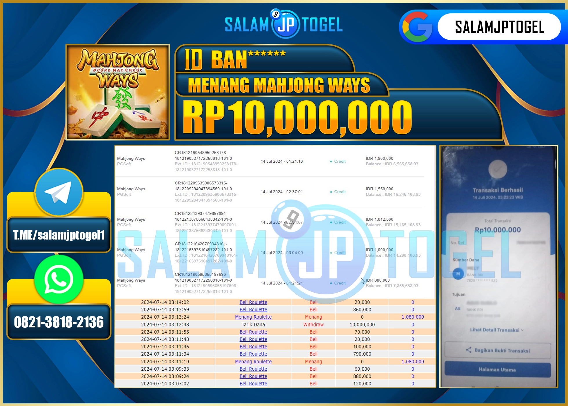 SALAMJPTOGEL MENANG Mahjong Ways 2 RP. 10,000,000.,LUNAS