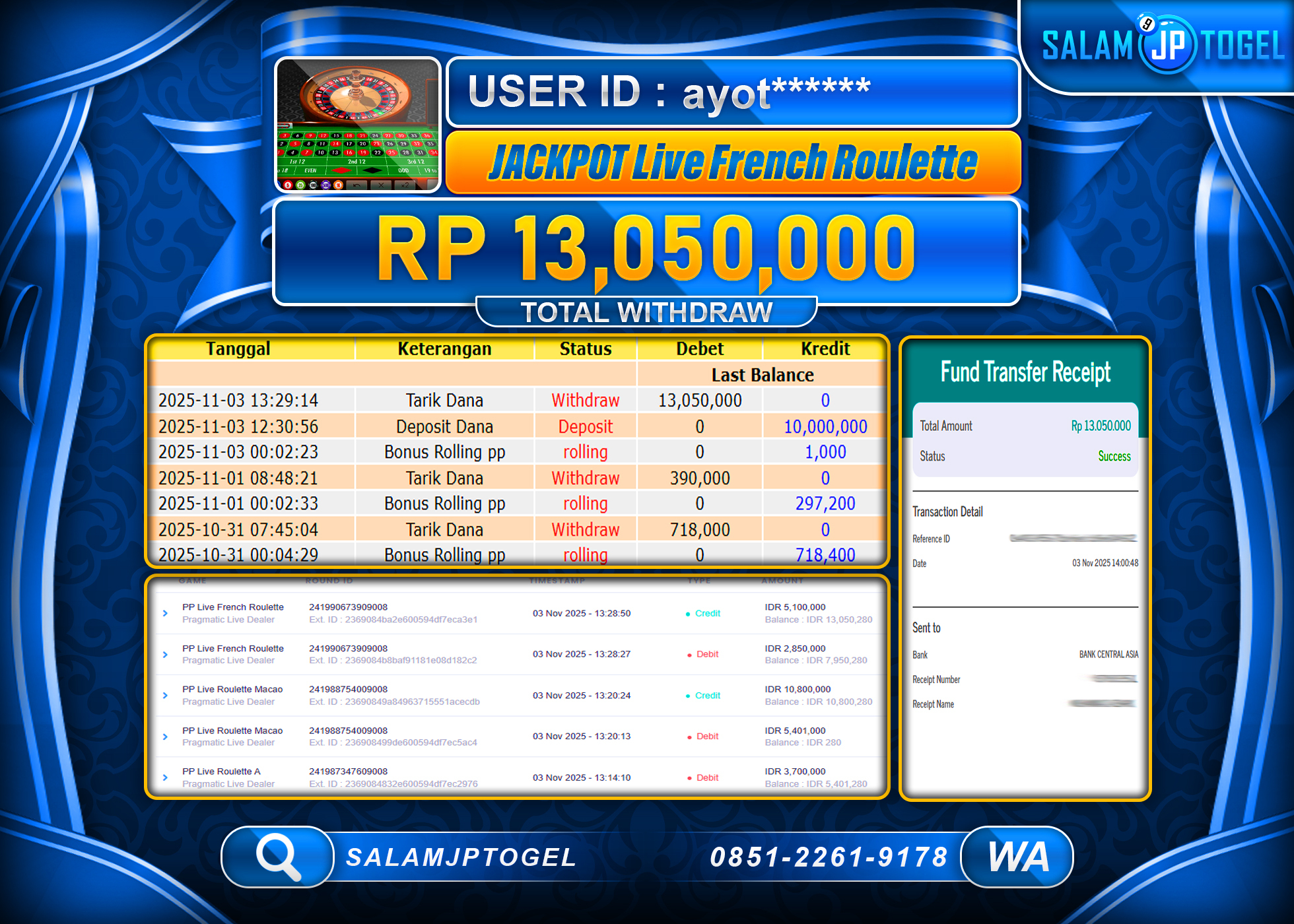 SALAMJPTOGEL MENANG LIVE FRENCH ROULETTE Rp.13,050,000  - LUNAS