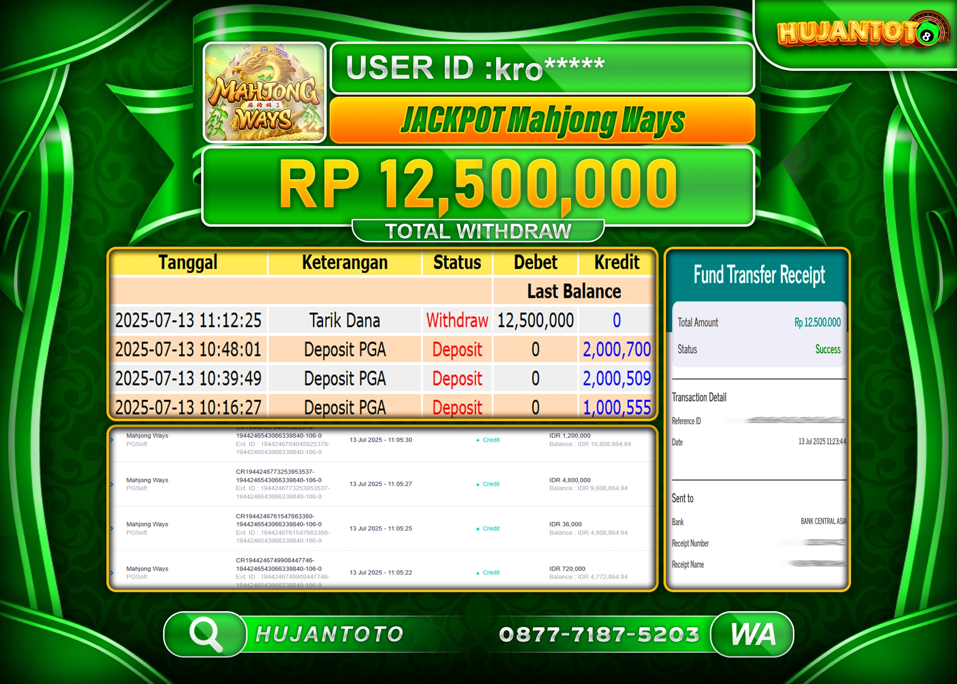 HUJANTOTO - BUKTI JACKPOT MENANG SLOT MAHJONG WAYS Rp.12,500,000 - TERBAYAR LUNAS