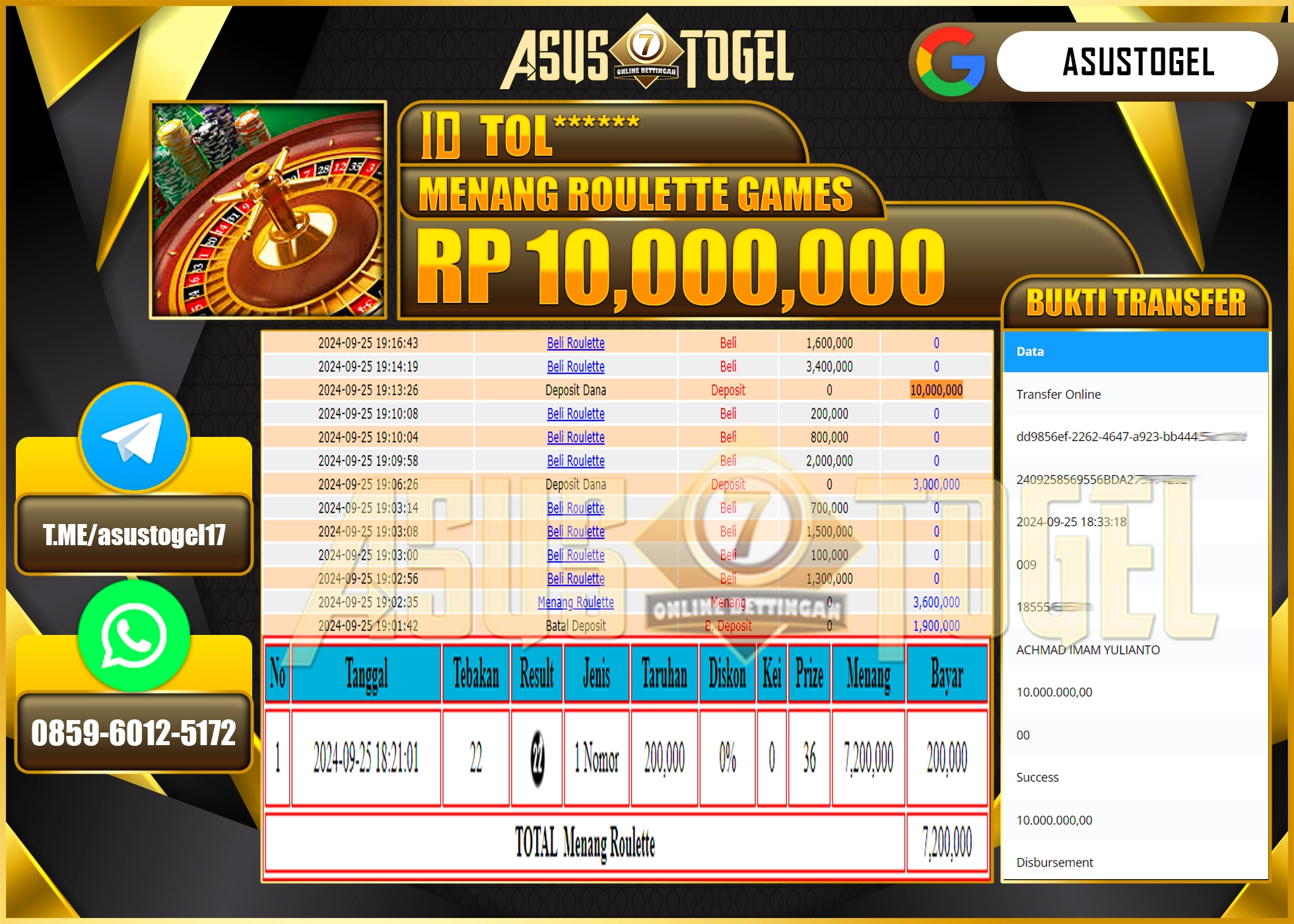 ASUSTOGEL KEMENANGAN DI PERMAINAN ROULETTE GAMES SEBESAR 10,000,000- RUPIAH LUNAS