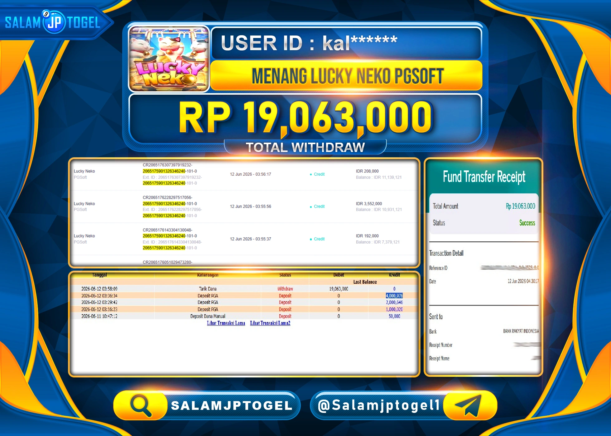 SALAMJPTOGEL JACKPOT MENANG SLOT LUCKY NEKO PG SOFT Rp.19,063,000 - LUNAS