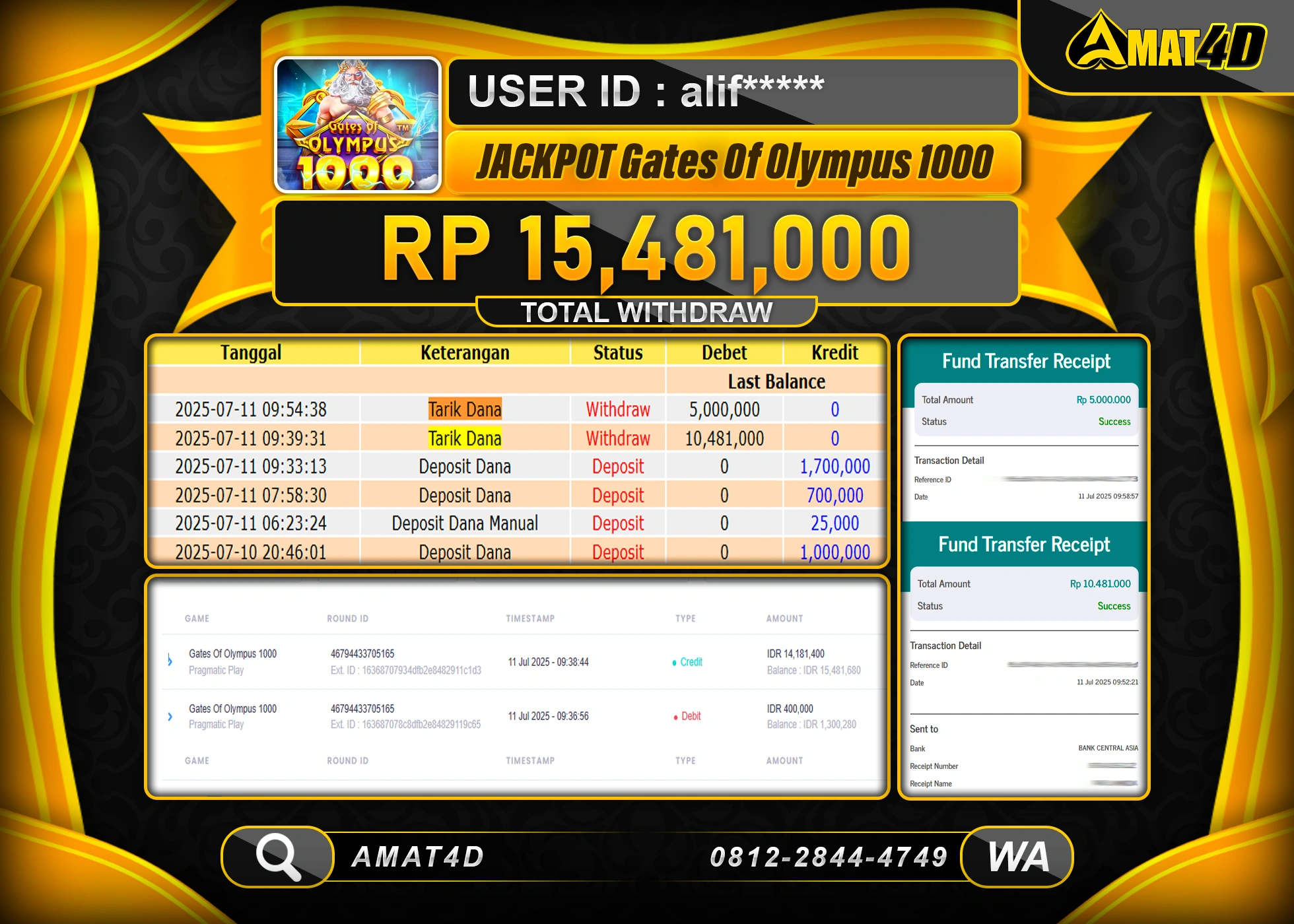 AMAT4D KEMENANGAN  GATES OF OLYMPUS 1000 Rp.15.481.000 BERHASIL TERBAYAR LUNAS