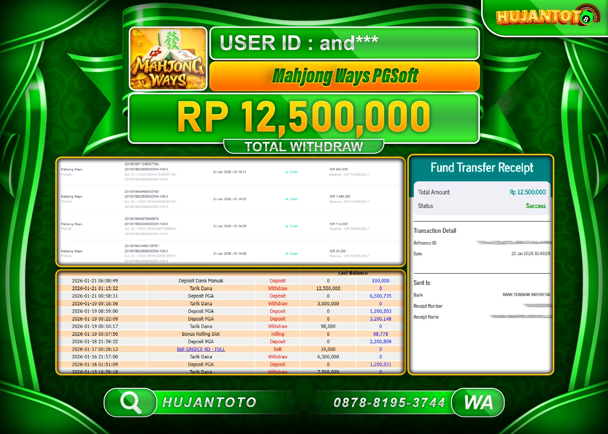 HUJANTOTO - BUKTI JACKPOT MENANG SLOT MAHJONG WAYS Rp.12,500,000 - TERBAYAR LUNAS