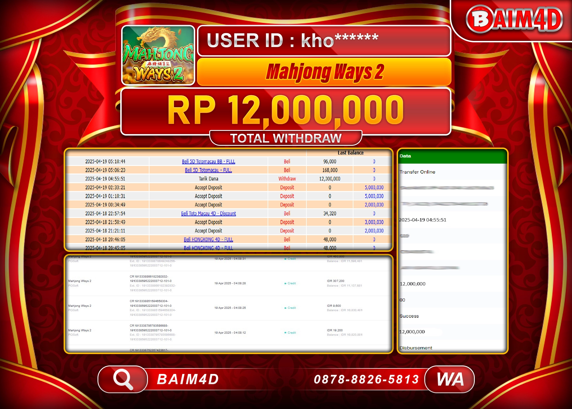 BAIM4D JACKPOT PG SOFT MAHJONG WAYS 2  Rp.12.000,000.- LUNAS