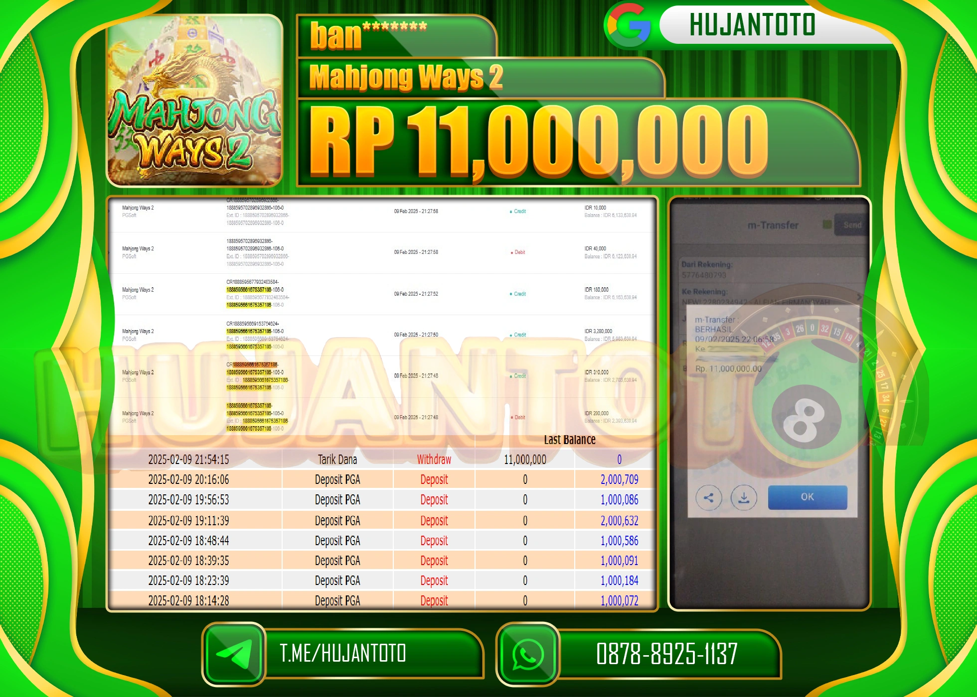 HUJANTOTO - BUKTI JACKPOT MENANG SLOT MAHJONG WAYS 2 Rp,11,000,000 - TERBAYAR LUNAS