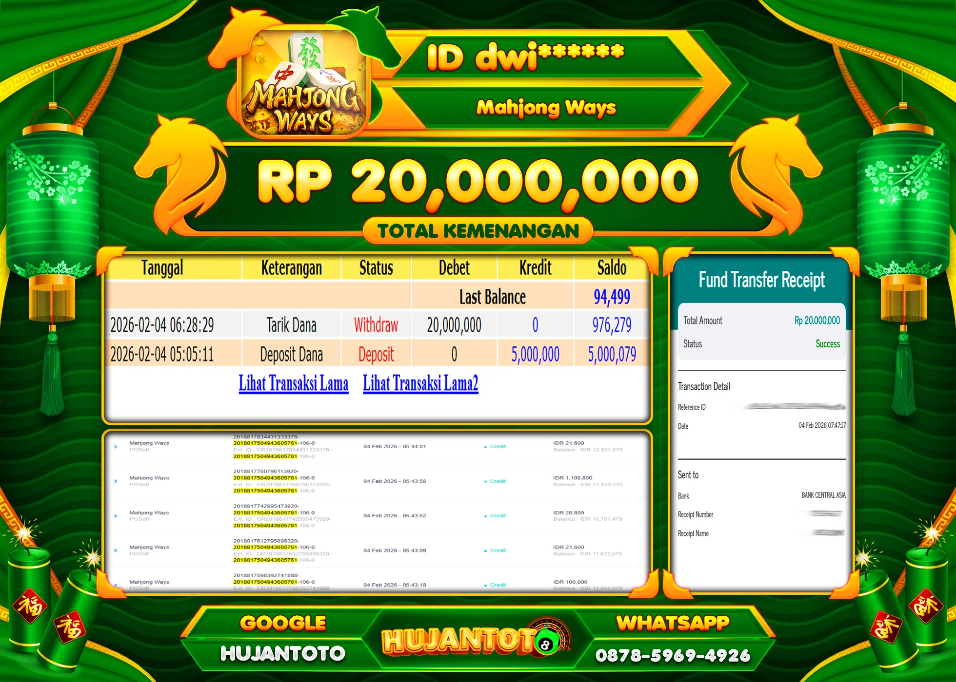 HUJANTOTO - BUKTI JACKPOT MENANG SLOT MAHJONG WAYS  Rp.20,000,000 - TERBAYAR LUNAS