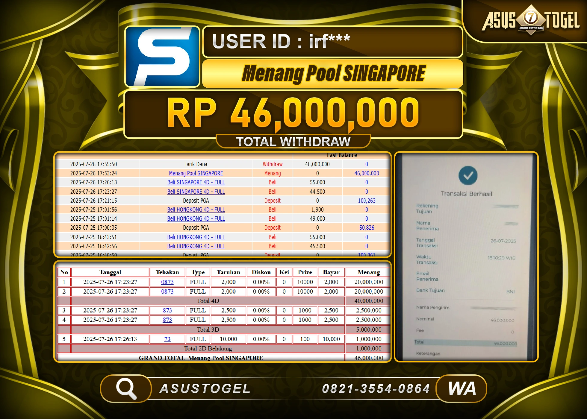 ASUSTOGEL KEMENANGAN DI POOL SINGAPORE SEBESAR 46,000,000- RUPIAH LUNAS