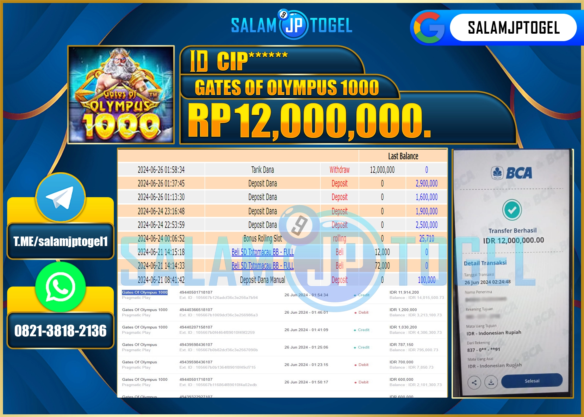 SALAMJPTOGEL MENANG GATES OF OLYMPUS 1000 RP. 12,000,000.,LUNAS