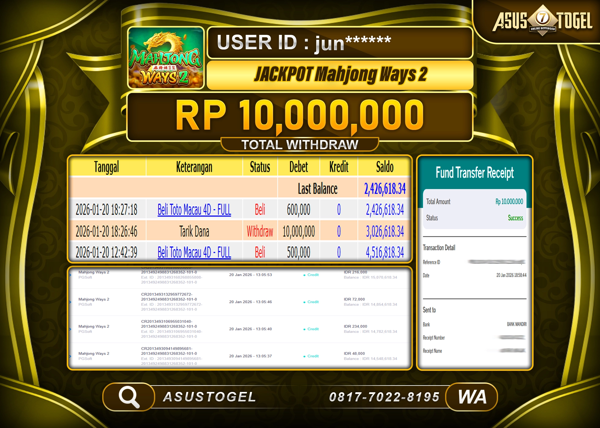 ASUSTOGEL KEMENANGAN DI SLOT MAHJONG WAYS 2 SEBESAR 10,000,000 - RUPIAH LUNAS