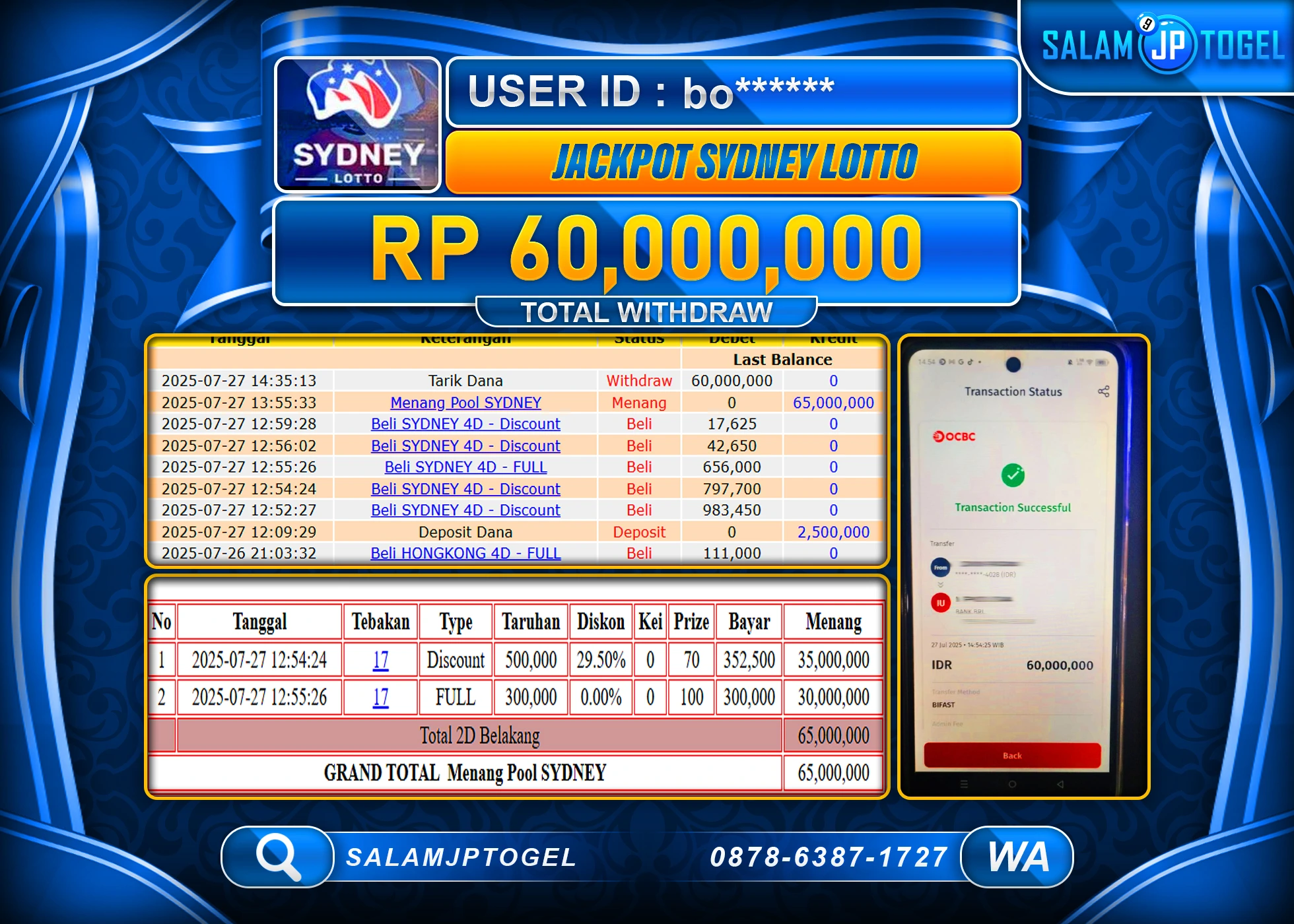 SALAMJPTOGEL MENANG SYDNEY LOTTO  Rp.60,000,000