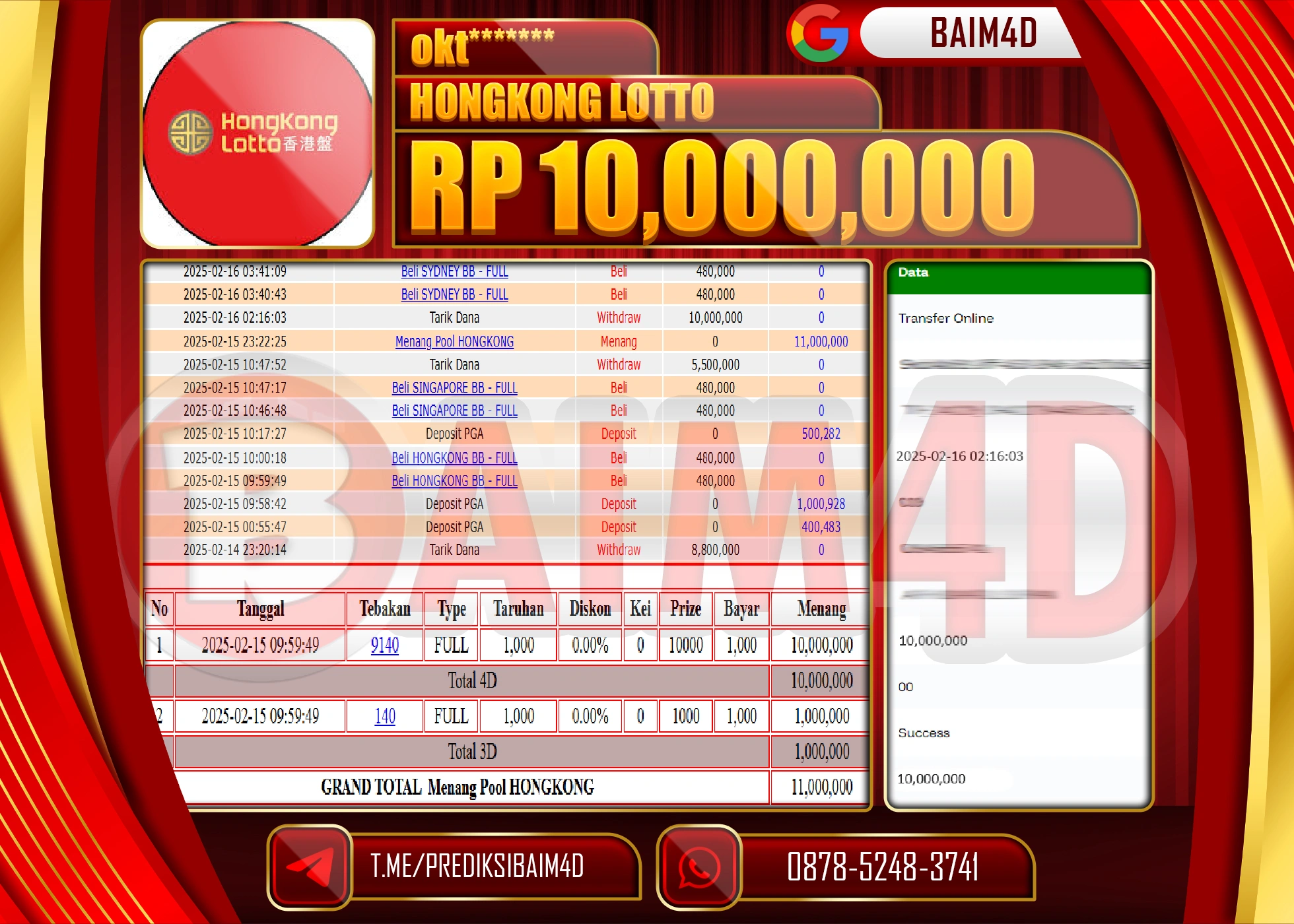 BAIM4D MENANG JACKPOT HONGKONG LOTTO Rp.10.000,000.