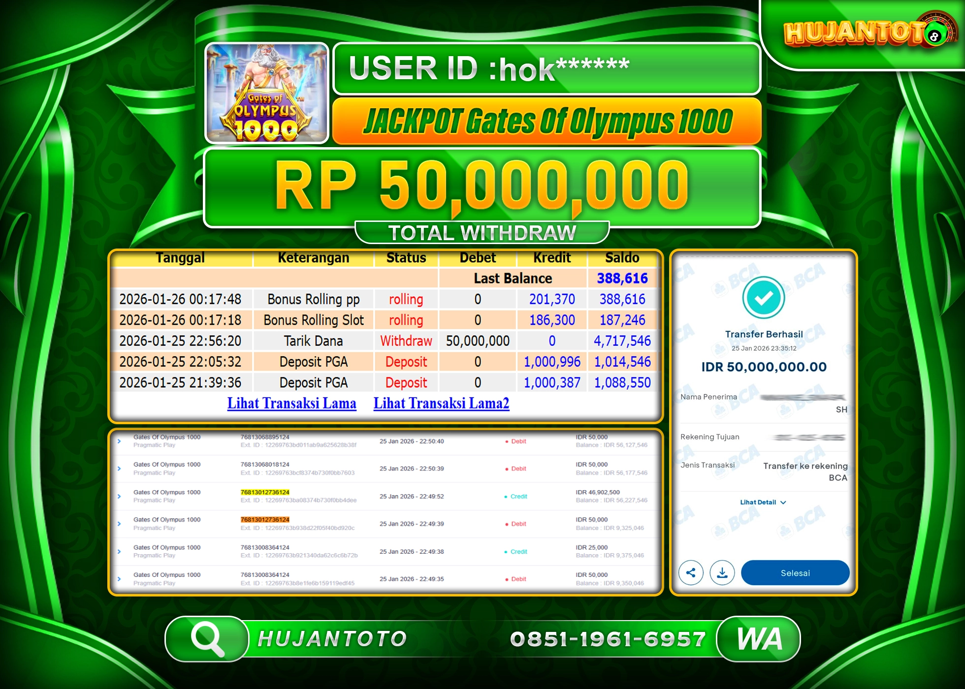 HUJANTOTO - BUKTI JACKPOT MENANG SLOT GATES OF OLYMPUS 1000 Rp.50,000,000 - TERBAYAR LUNAS