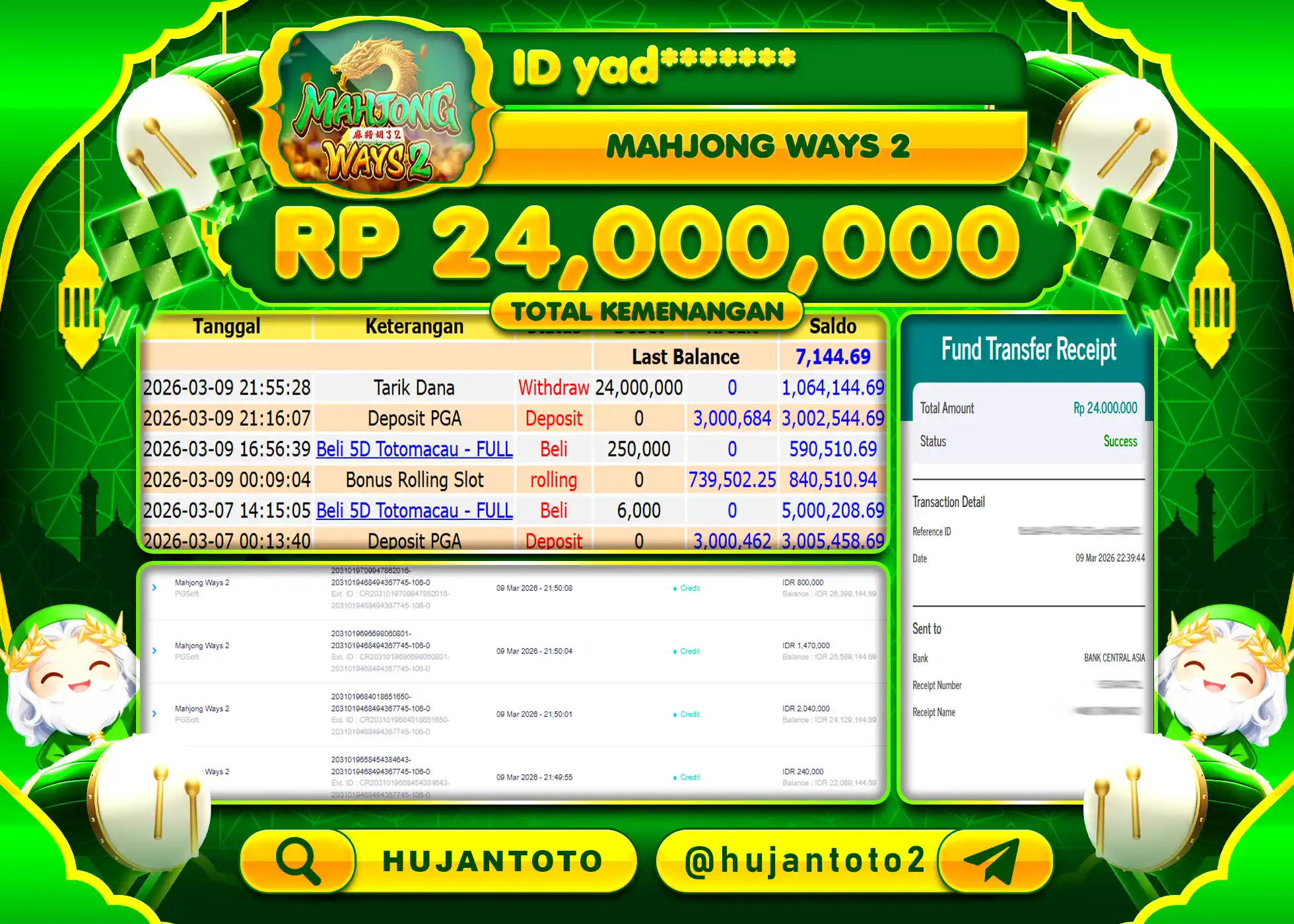 HUJANTOTO - BUKTI JACKPOT MENANG SLOT MAHJONG WAYS 2 Rp.24,000,000 - TERBAYAR LUNAS