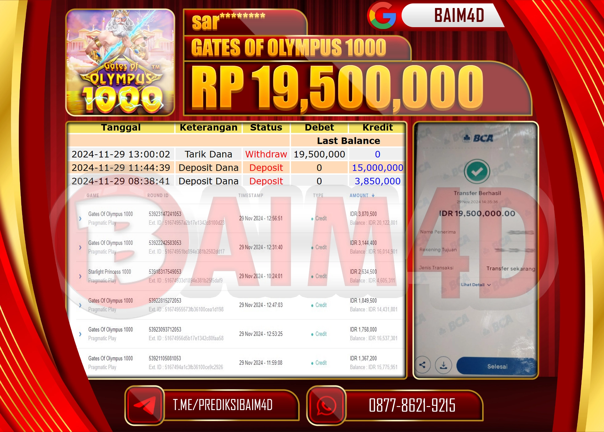BAIM4D JACKPOT Gates Of Olympus 1000 Rp.19,500,000.- LUNAS
