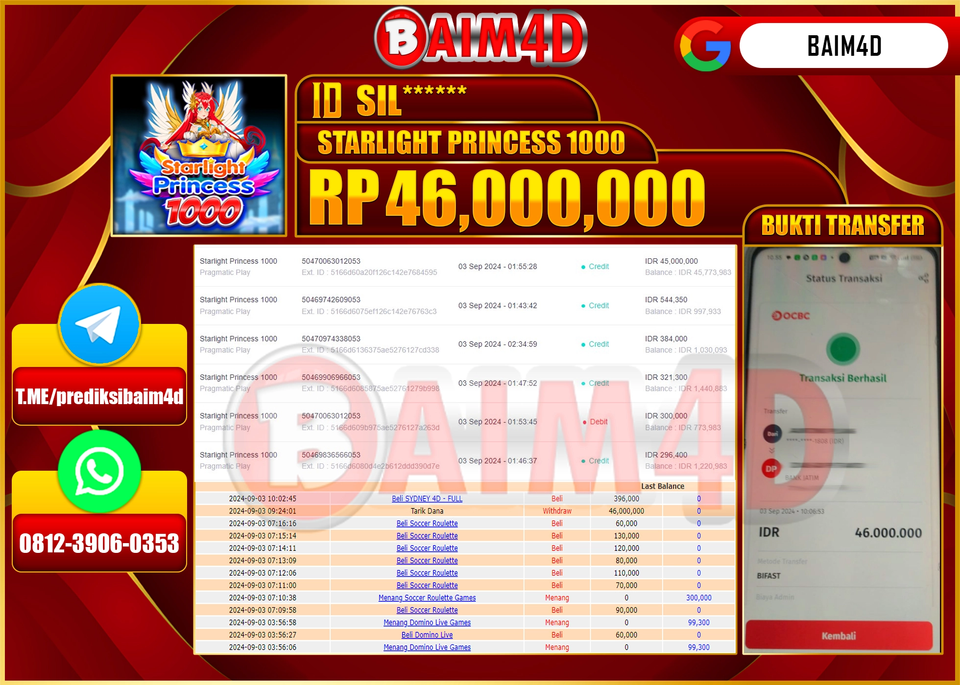BAIM4D JACKPOT STARLIGHT PRINCESS 1000  Rp.46.000,000.- LUNAS