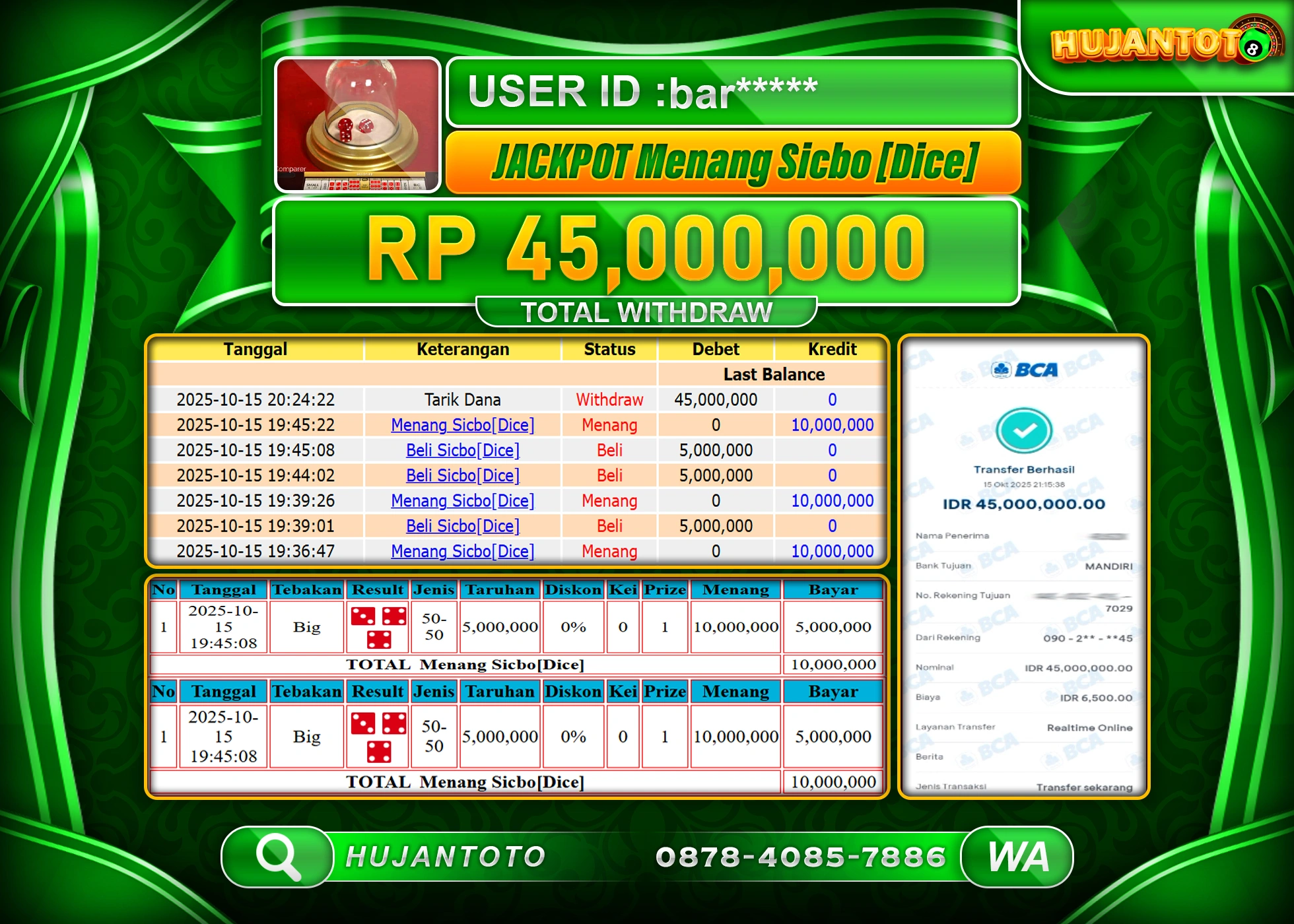 HUJANTOTO - BUKTI JACKPOT MENANG LIVEGAMES SICBO DICE Rp.45,000,000 - TERBAYAR LUNAS