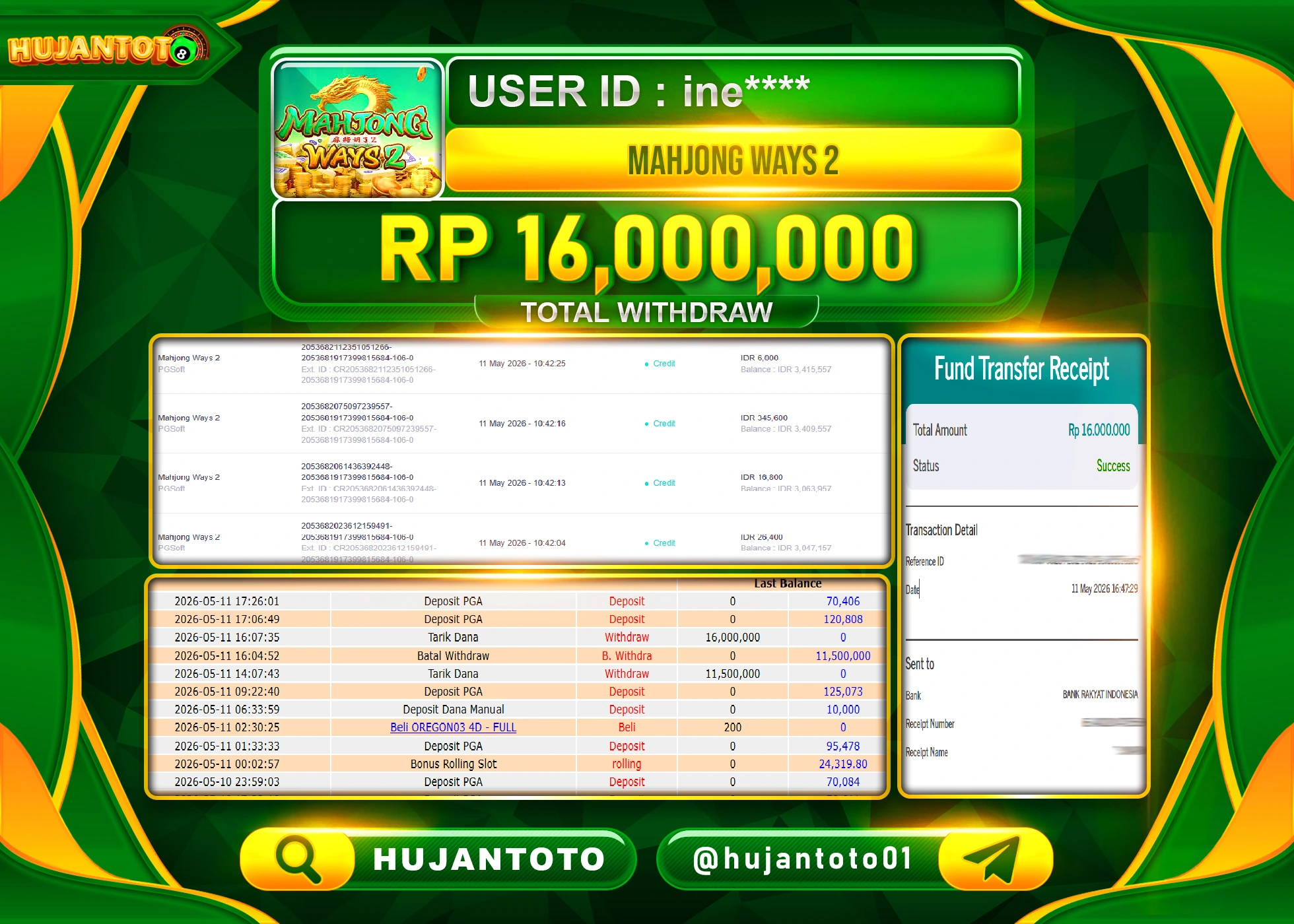 HUJANTOTO - BUKTI JACKPOT MENANG SLOT MAHJONG WAYS 2 PG SOFT Rp.16,000,000 - TERBAYAR LUNAS