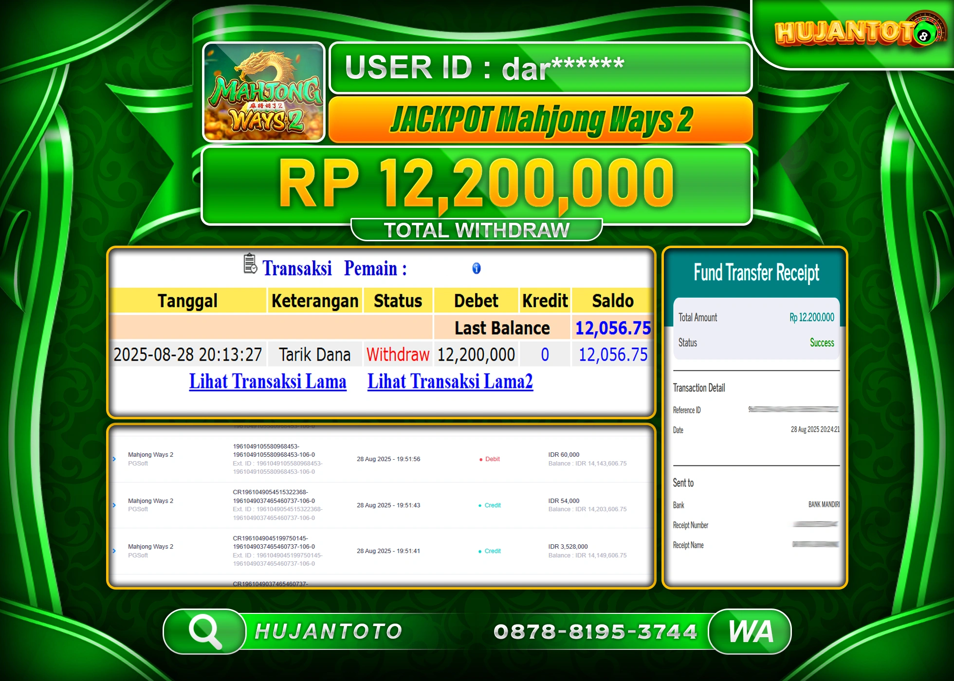 HUJANTOTO - BUKTI JACKPOT MENANG SLOT MAHJONG WAYS 2 Rp.12,200,000 - TERBAYAR LUNAS