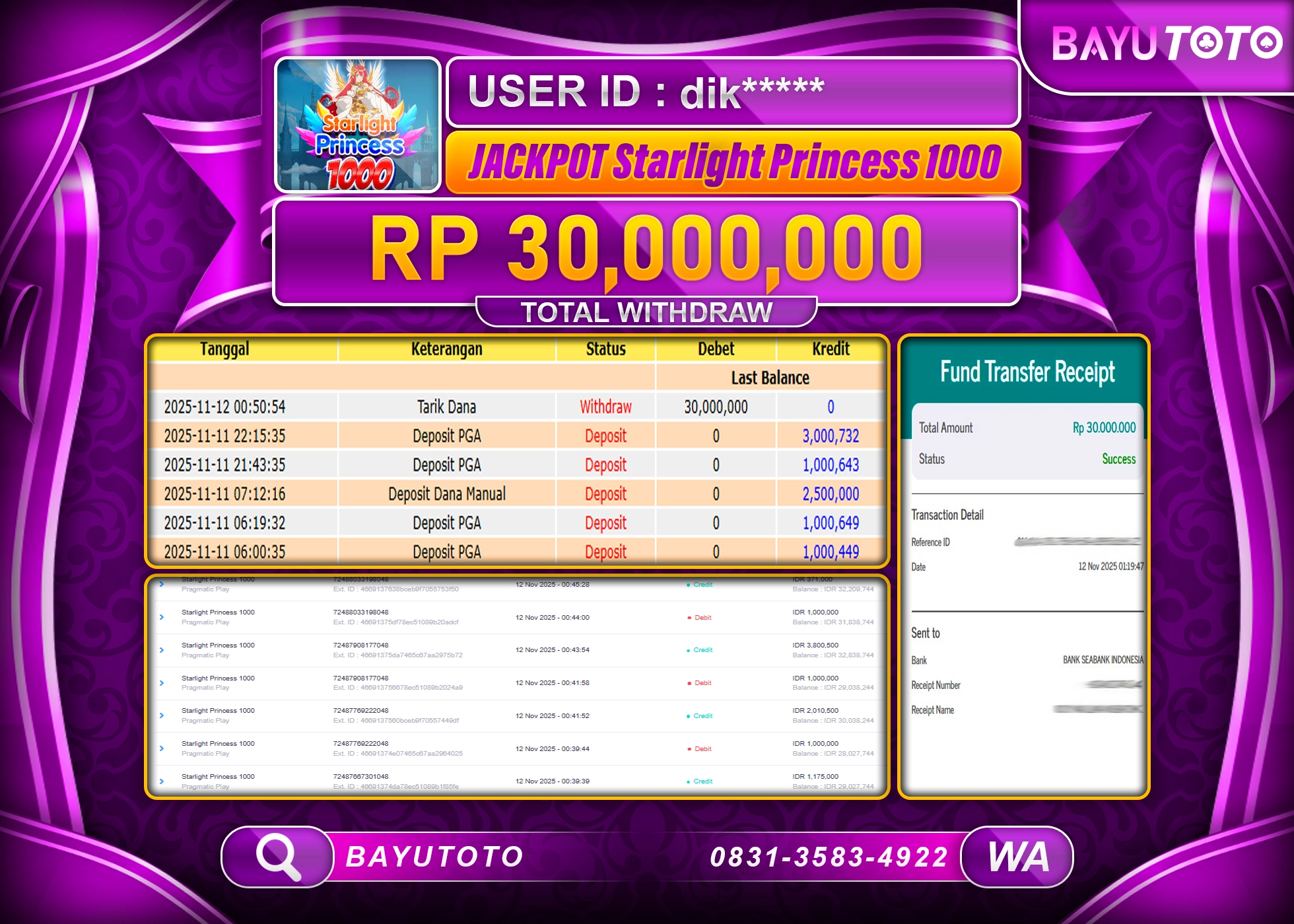 MEMBER BAYUTOTO JACKPOT DI SLOT STARLIGHT PRINCESS 1000 Rp. 30,000,000 LUNAS