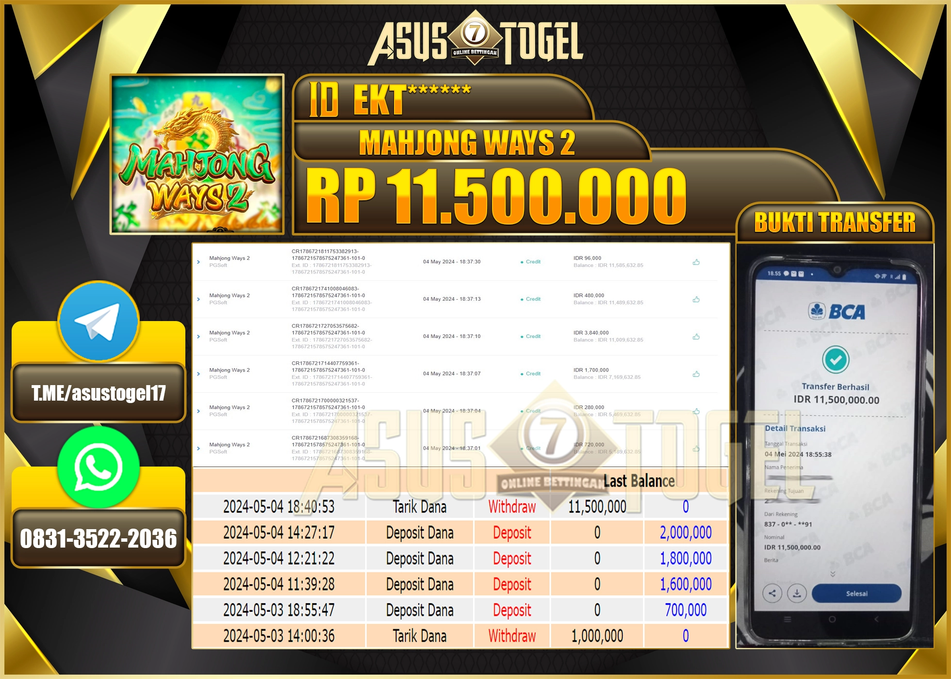 ASUSTOGEL MENANG GAMES MAHJONG WAYS 2 11.500.000- LUNAS