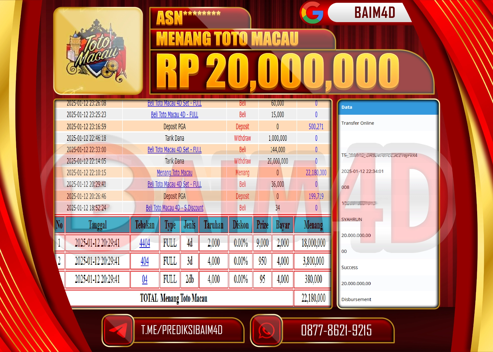 BAIM4D JACKPOT Menang TOTO MACAU Rp.20,000,000.- LUNAS