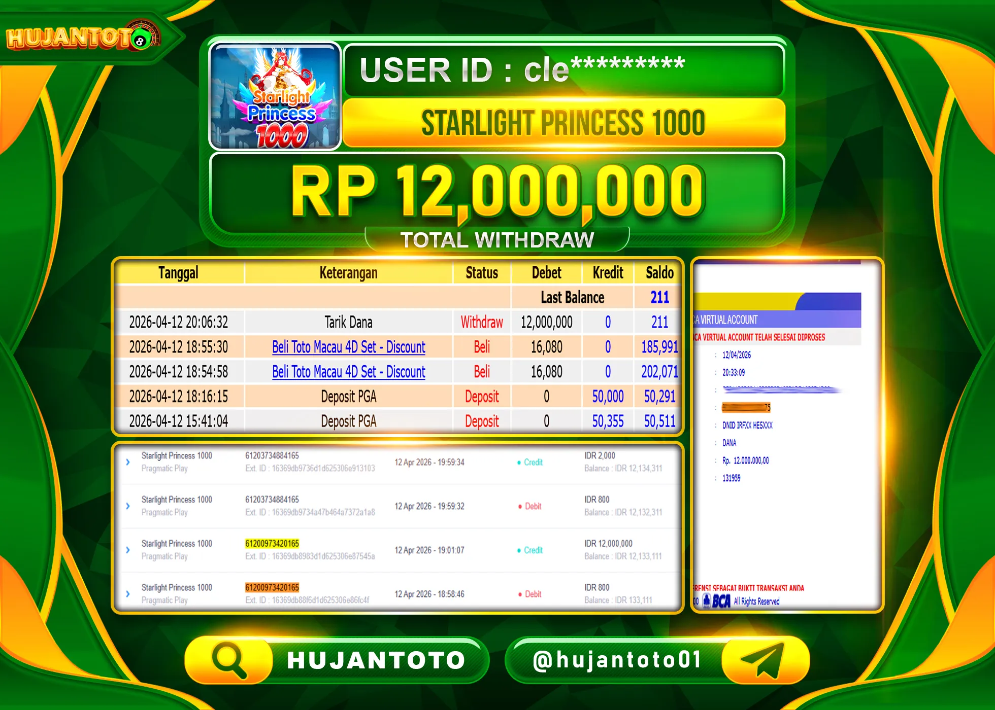 HUJANTOTO - BUKTI JACKPOT MENANG SLOT STARLIGHT PRINCESS 1000 Rp.12,000,000 - TERBAYAR LUNAS