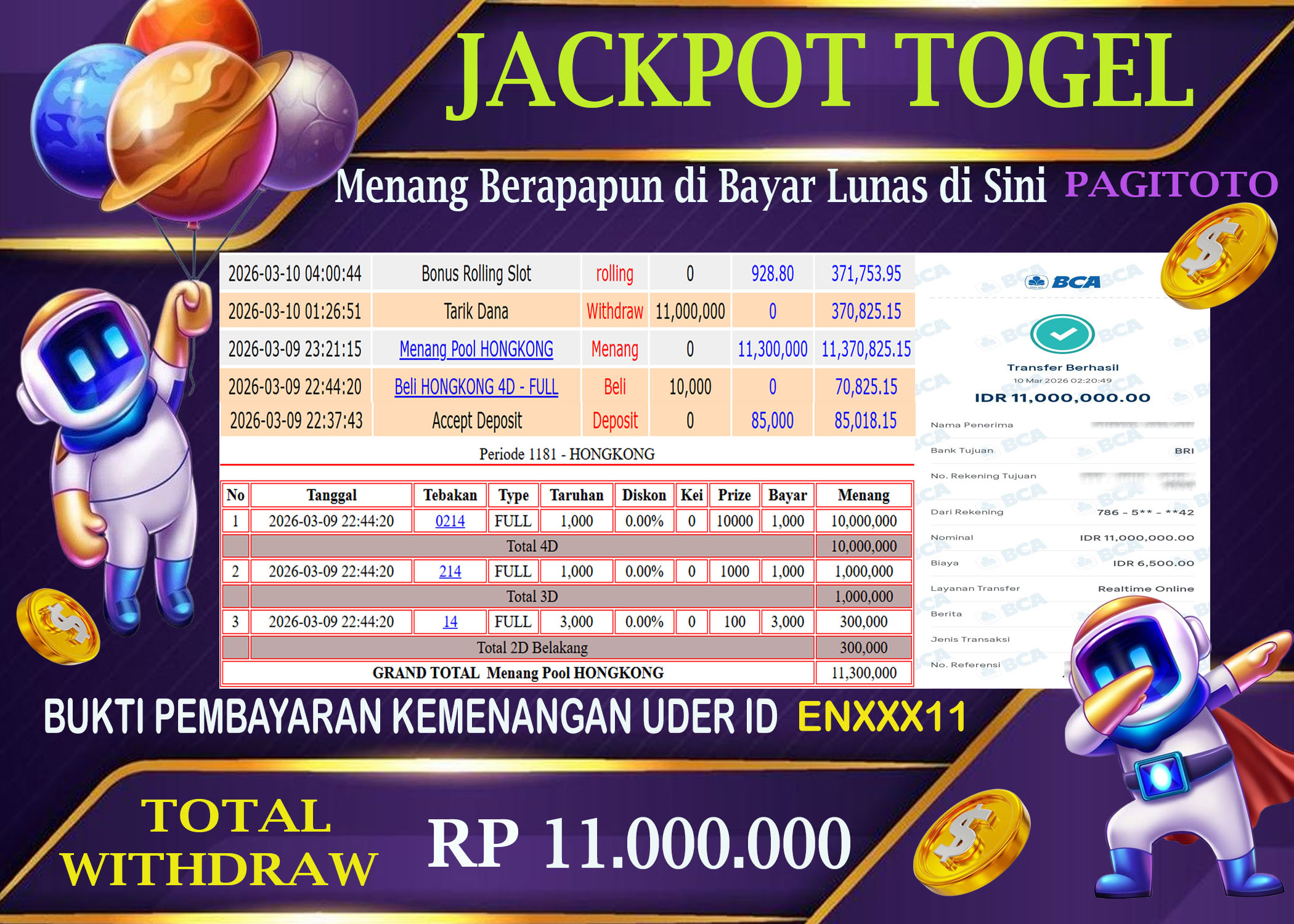 HAPPY JACKPOT MEMBER PAGITOTO TOGEL HONGKONG LOTTO Rp  11.000.000 -, - LUNAS