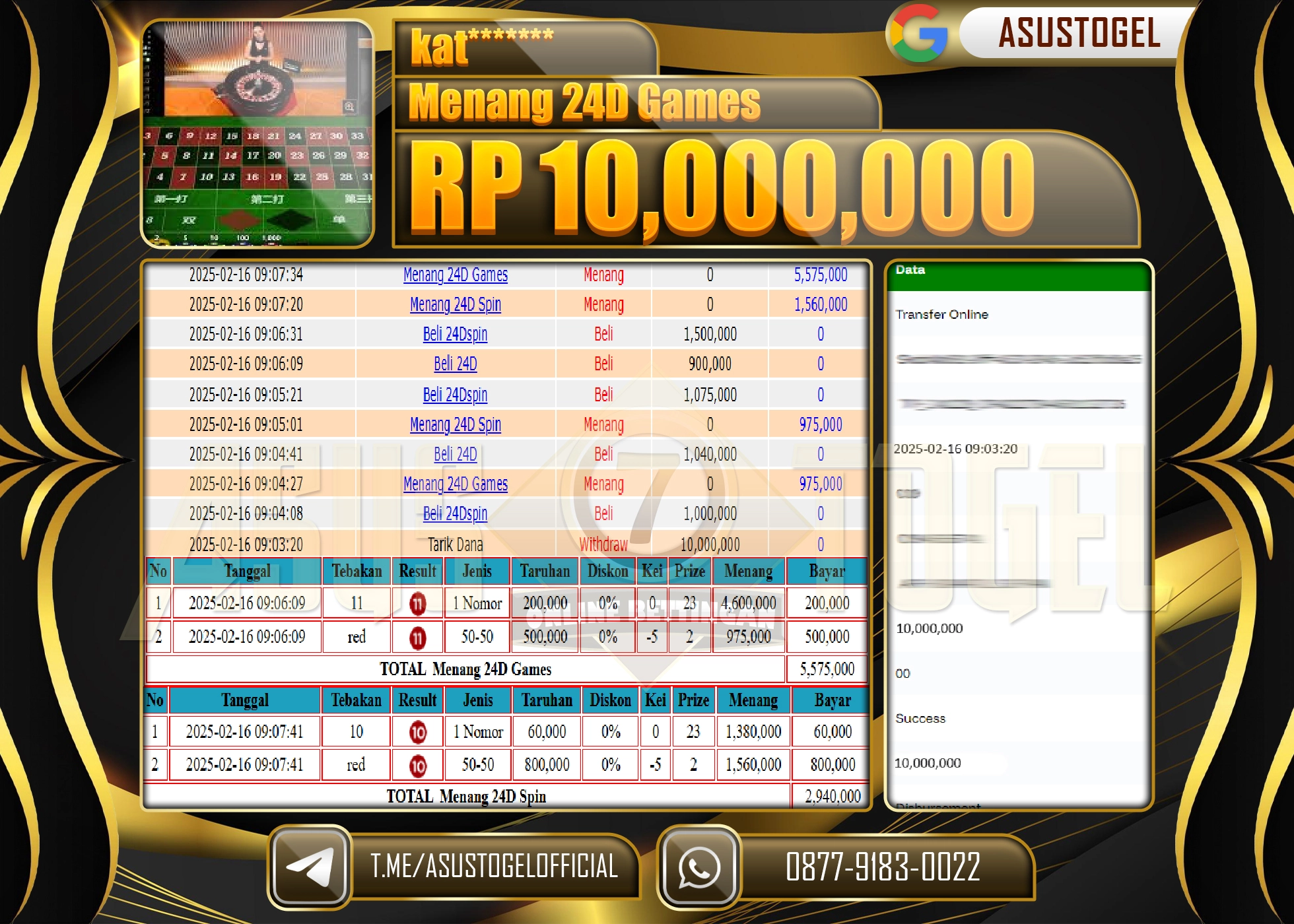 ASUSTOGEL KEMENANGAN DI LIVE GAMES 24D SPIN SEBESAR 10.000.000 - RUPIAH LUNAS