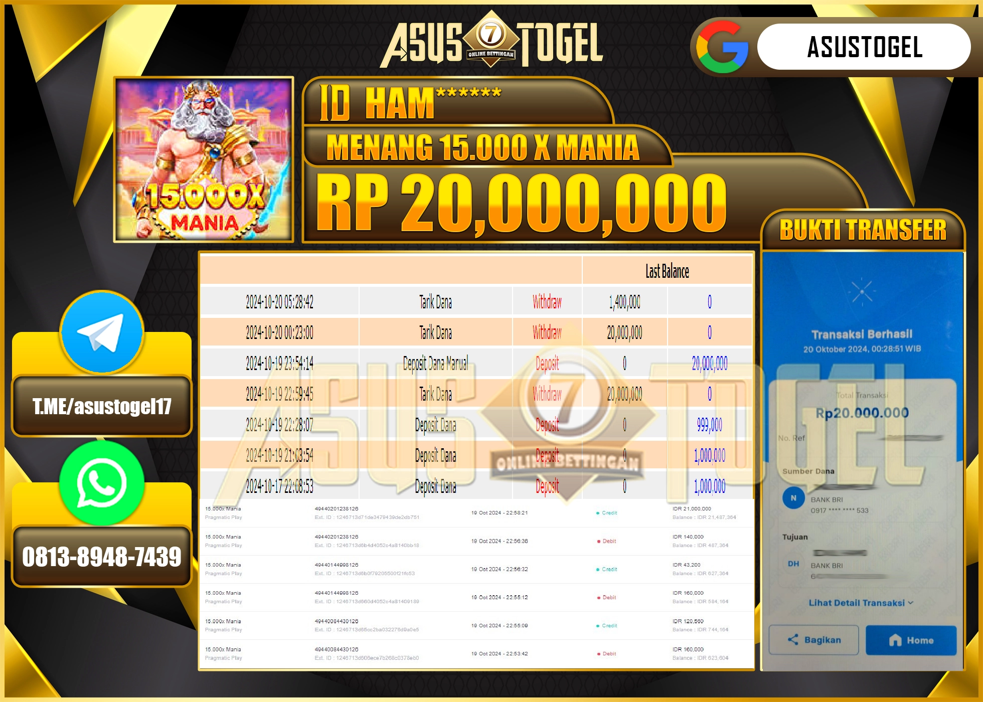 ASUSTOGEL KEMENANGAN DI GAMES MENANG 15.000 X MANIA SEBESAR 20,000,000- RUPIAH LUNAS