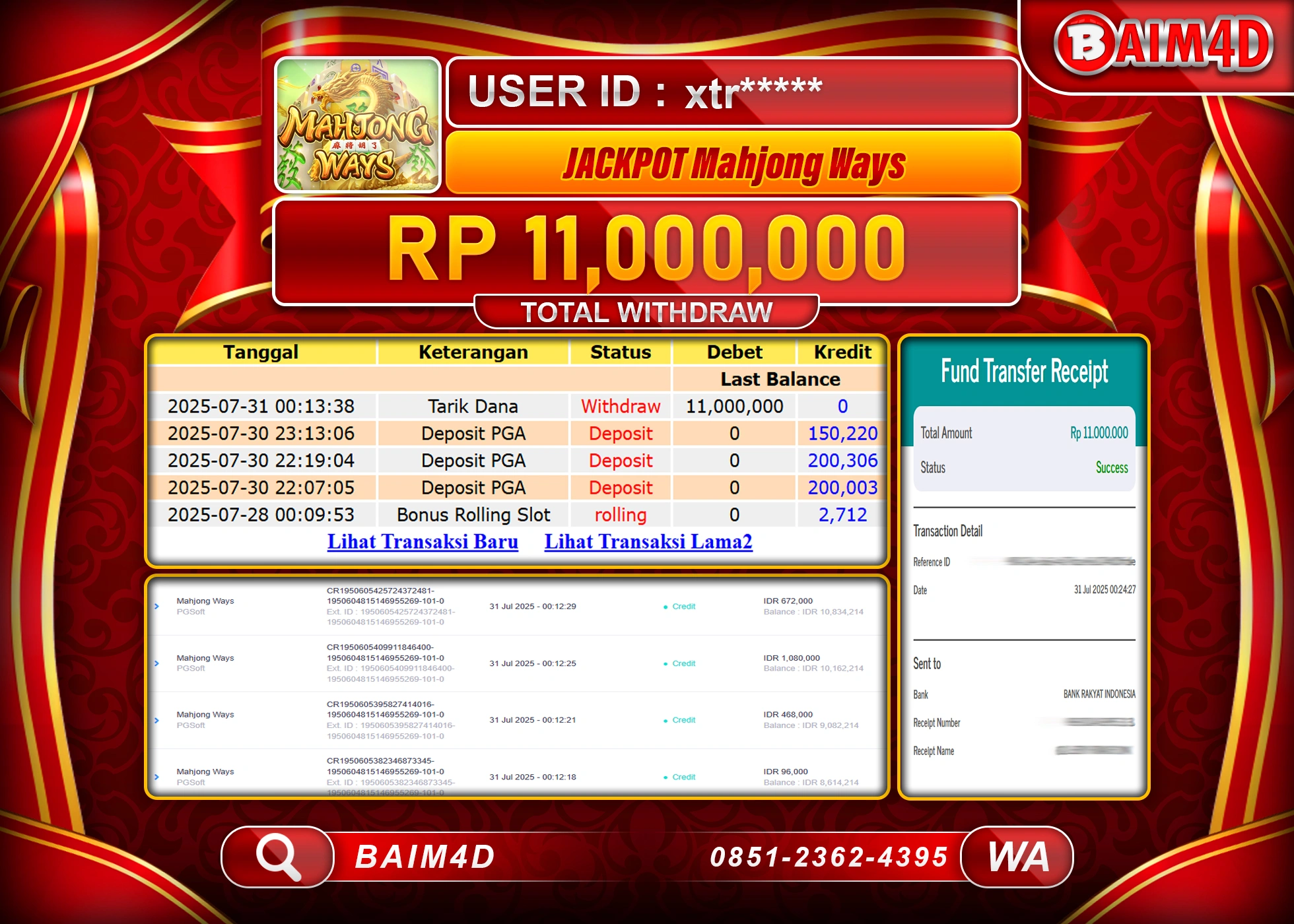 BAIM4D JACKPOT SLOT MAHJONG WAYS PG SOFT Rp.11,000,000.- LUNAS