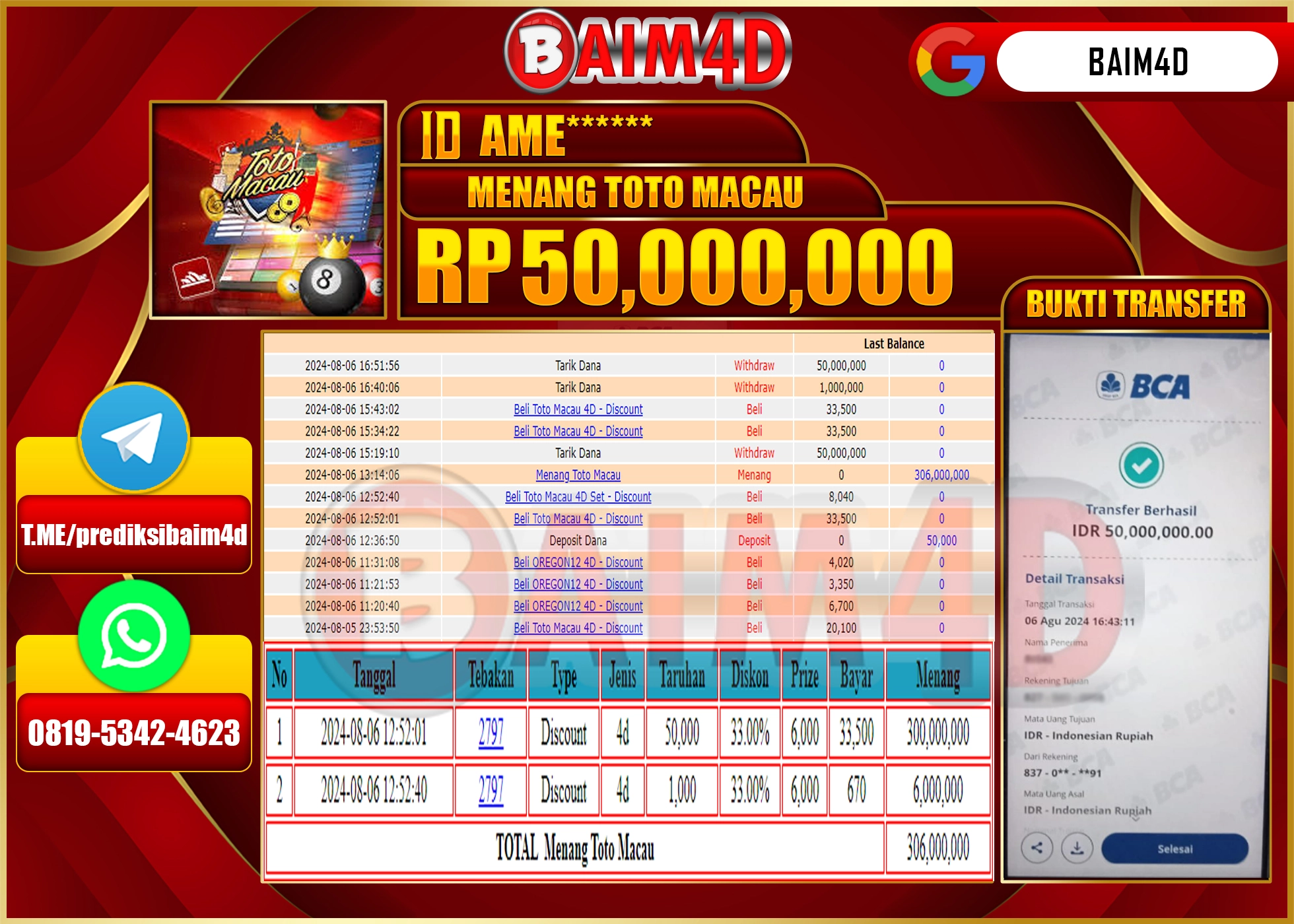 BAIM4D JACKPOT TOTO MACAU Rp.50.000,000.- LUNAS