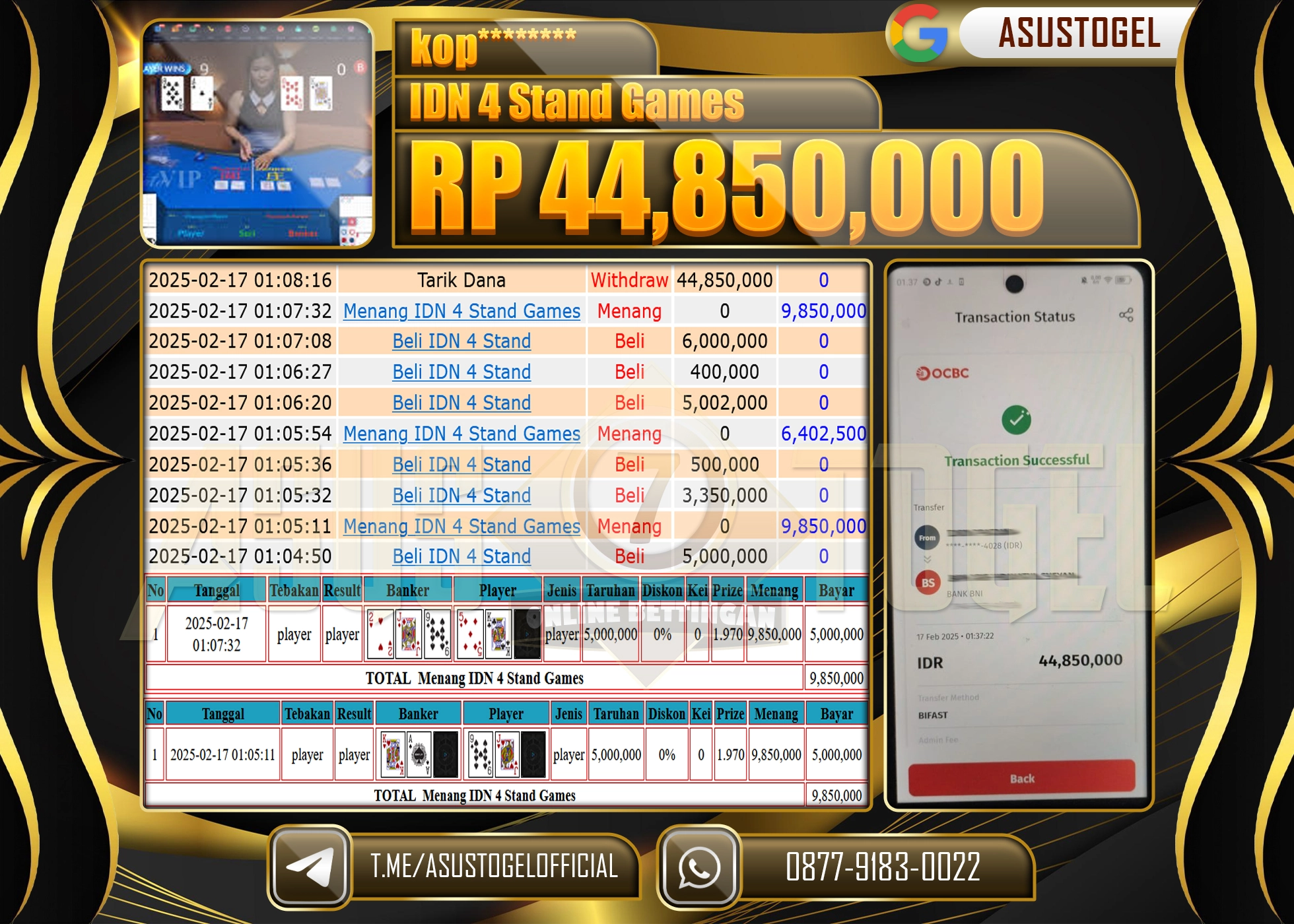 ASUSTOGEL KEMENANGAN DI IDN 4 STAND GAMES SEBESAR 44,850,000 - RUPIAH LUNAS