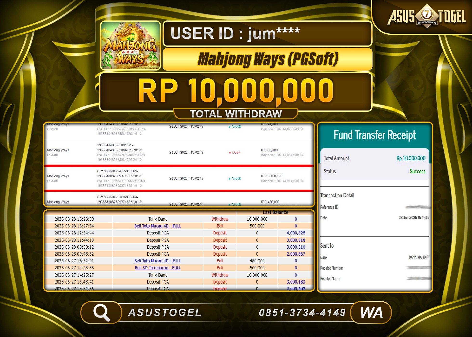 ASUSTOGEL KEMENANGAN DI SLOT MAHJONG WAYS SEBESAR 10,000,000- RUPIAH LUNAS