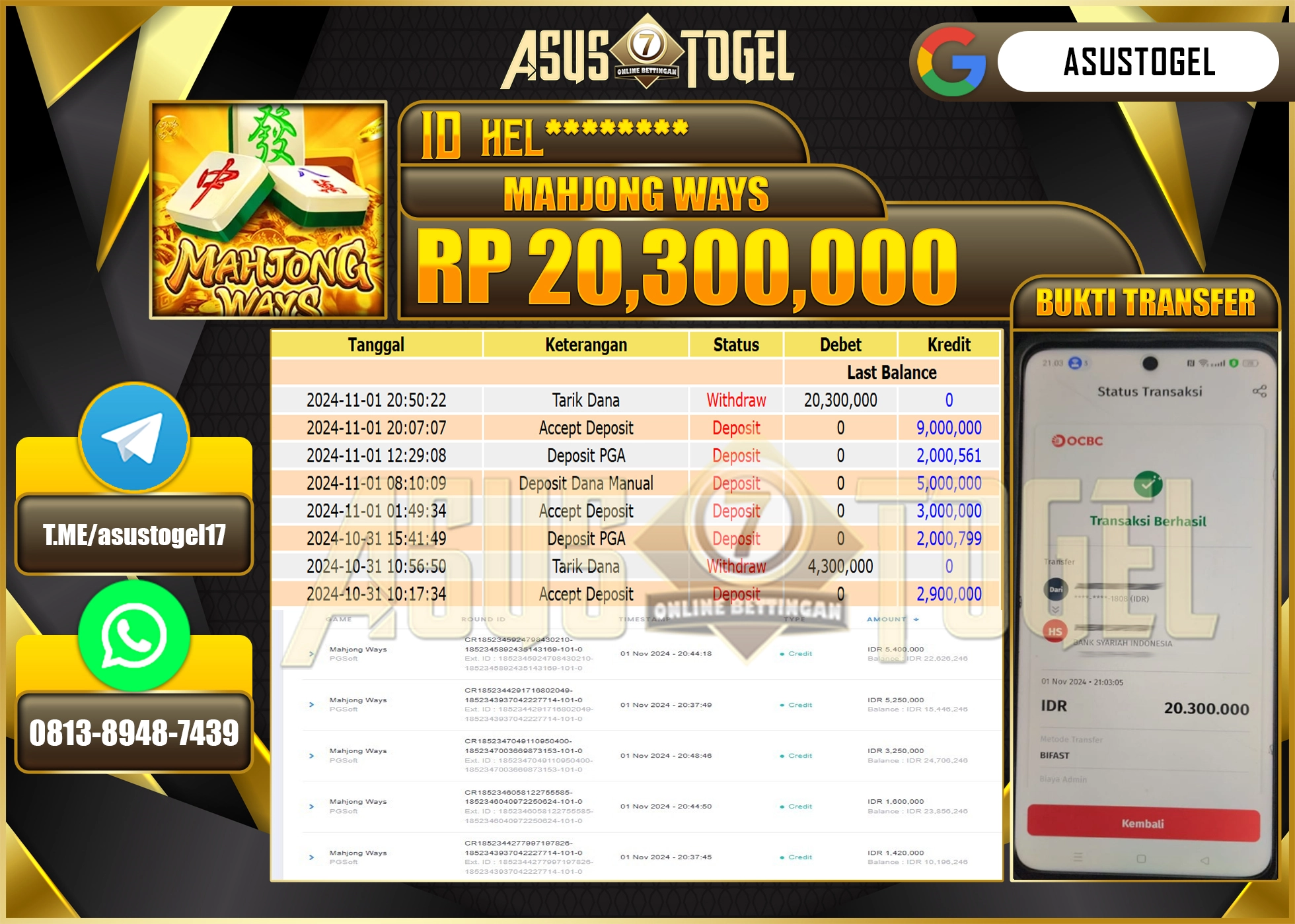 ASUSTOGEL KEMENANGAN DI GAMES MAHJONG WAYS SEBESAR 20,300,000 -RUPIAH LUNAS