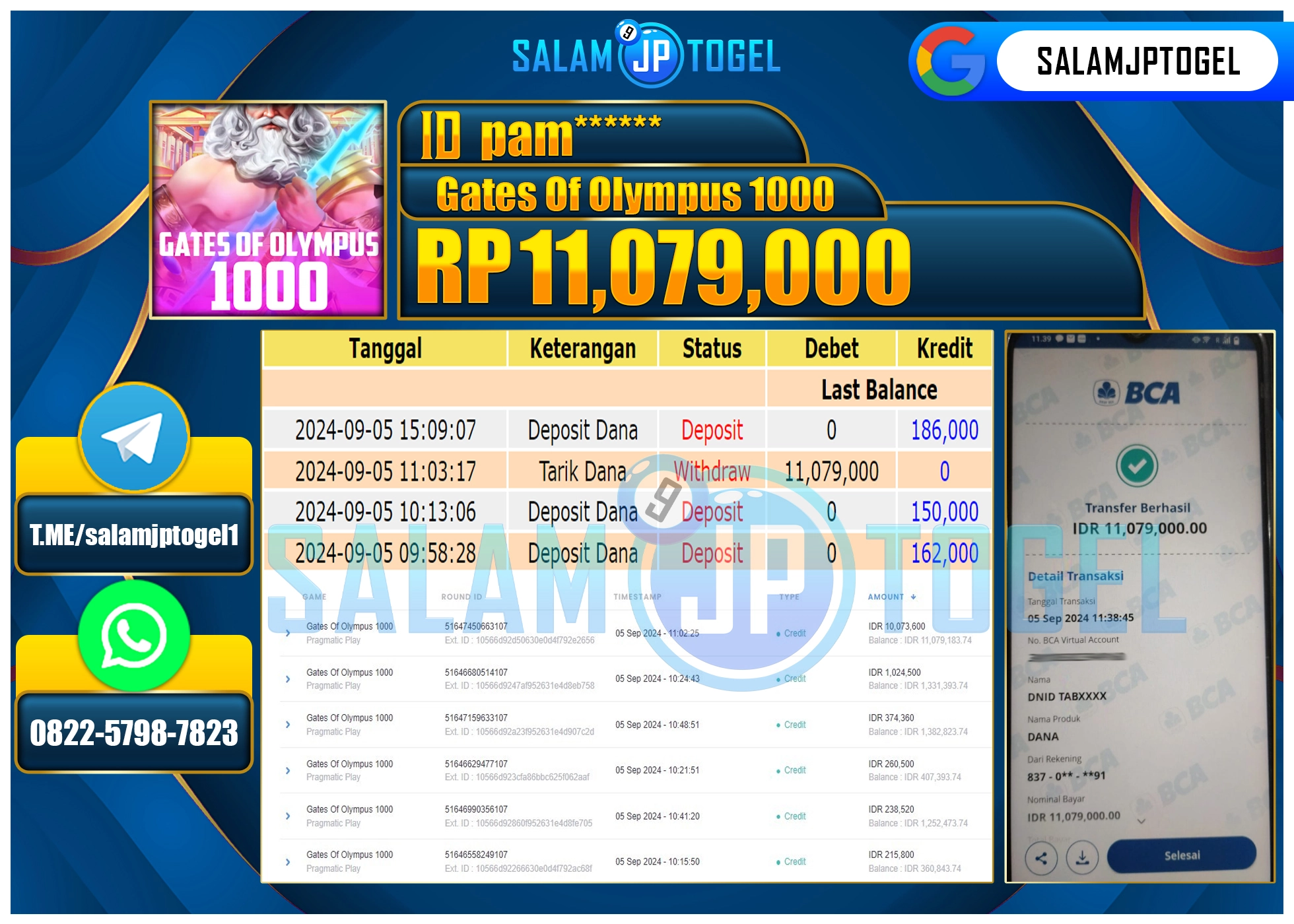 SALAMJPTOGEL MENANG SLOT GATES OF OLYMPUS 1000  RP. 11,079,000 LUNAS