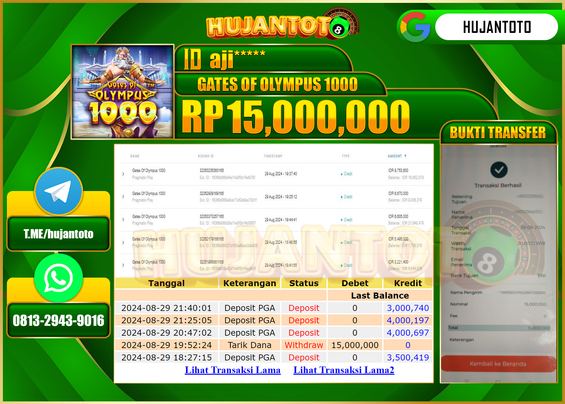 HUJANTOTO MENANG BESAR DI PERMAINAN GATES OF OYLMPUS 1000, 15.000.000 - LUNAS 